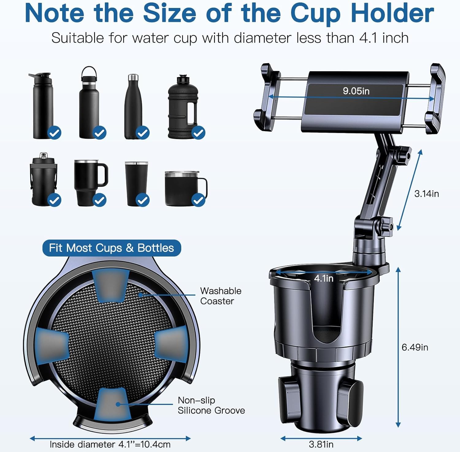 Support de téléphone portable 2 en 1 pour tasse, porte-gobelet de voiture avec long bras réglable, rotatif à 360 °, compatible avec tablette, tous les smartphones