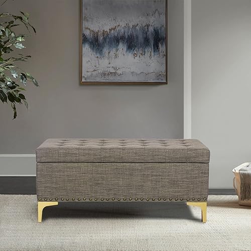 Miniatura 74 de Adeco Otomana de almacenamiento, banco tapizado rectangular de piel sintética con patas de madera, reposapiés, mesa de café para sala de estar,