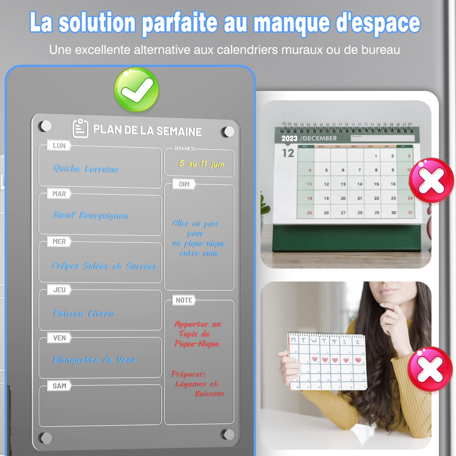 Lot de 2 Tableau Magnétique Frigo 30 x 20 cm Acrylique Planning Semaine Effaçable Transparent avec Marqueur à Craie Liquide 6 Couleurs
