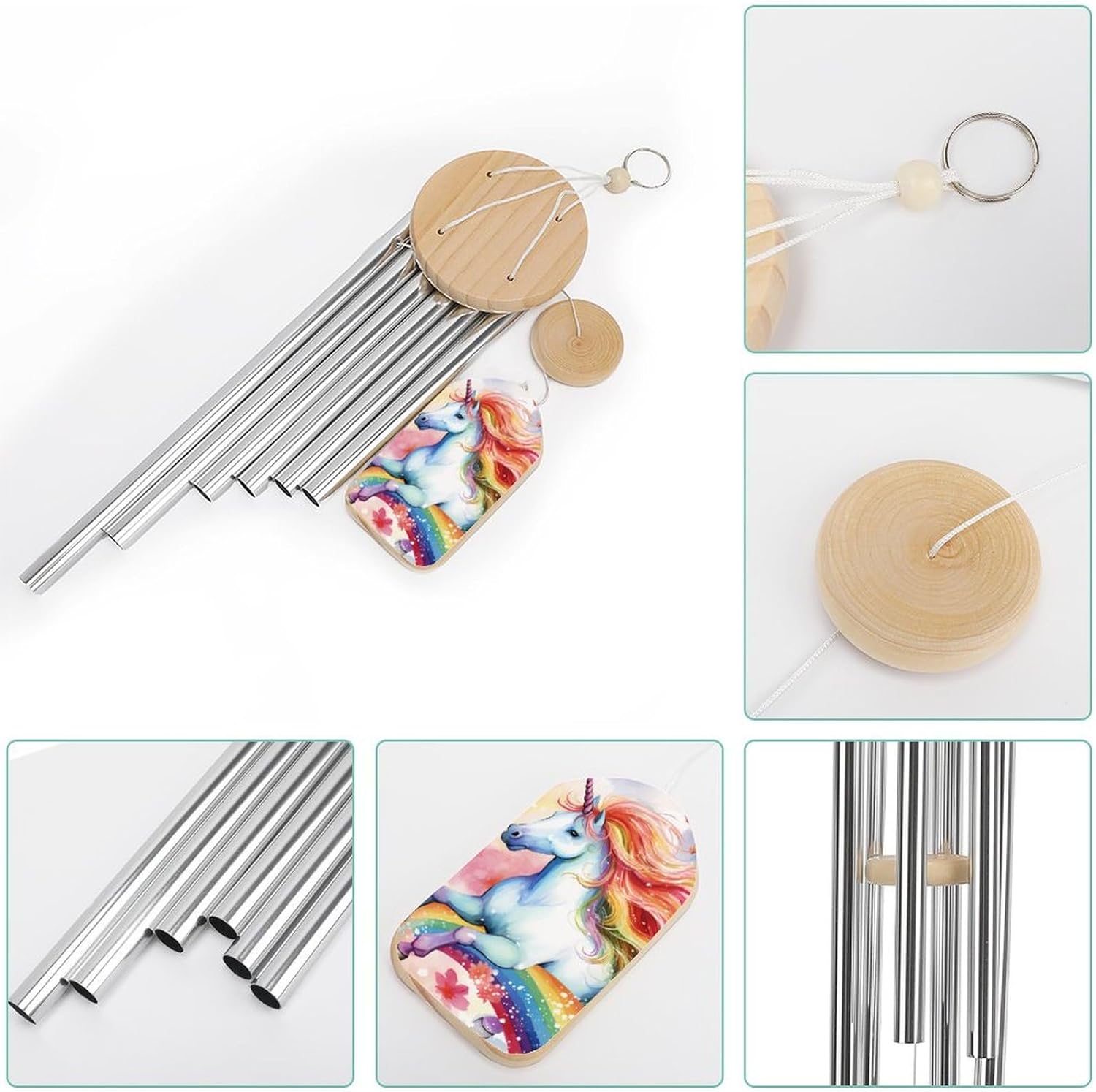 Rainbow Unicorns Wooden Wind Chimes Deep Tone Memorial Windchime for Outside Garden Home Decoration