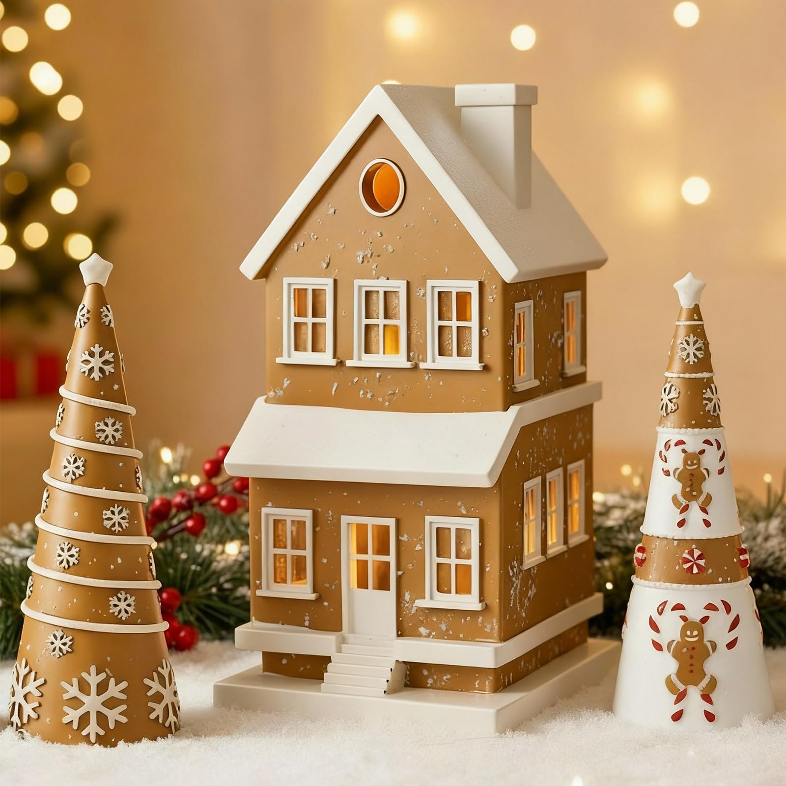 3 Pcs Christmas Gingerbread House and Cone Trees Resin Christmas Tabletop Decorations Village Cottage Church Gingerbread House Figurines for Xmas Gifts Winter Mantel Shelf Home Decor