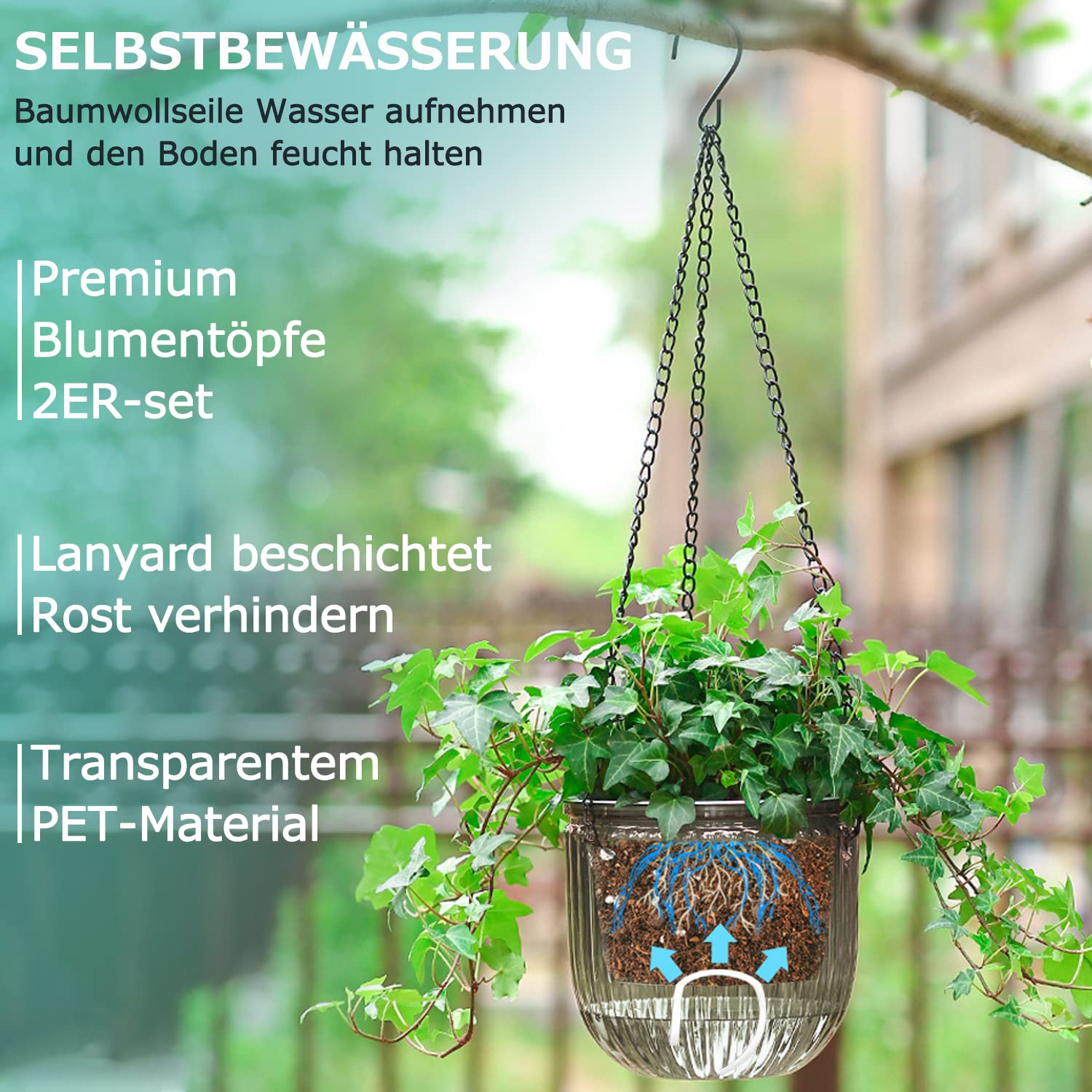 iDattel 2er Set Selbstbewässernd Blumenampeln Hängeampel Blumentopf Pflanzen, 16,5 cm do wewnątrz hängende Topf mit 3 Hooks Entwässerungslöchern für Innen und Außendeckoration (szary)