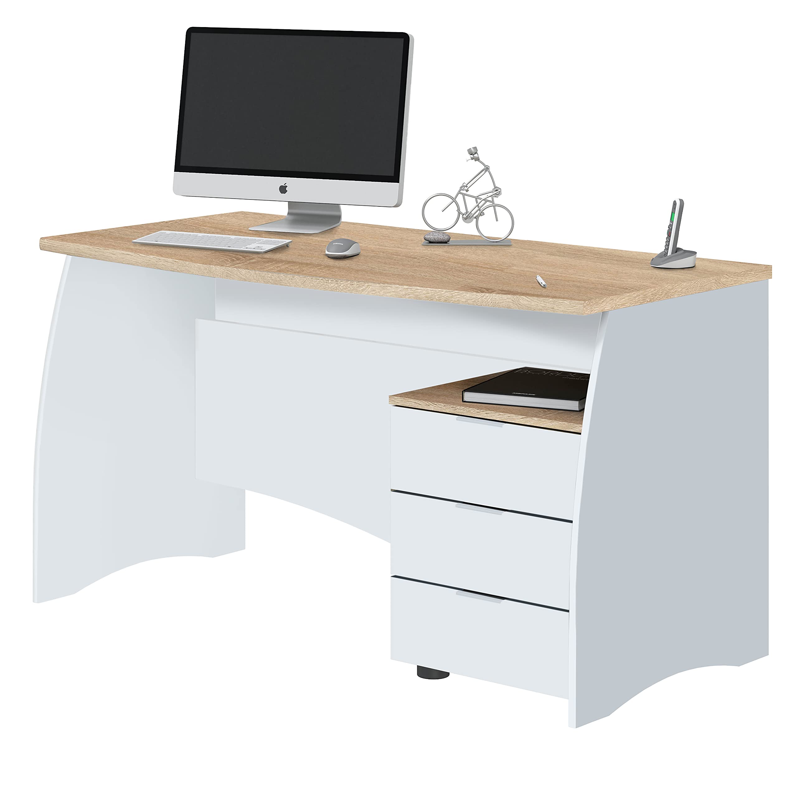 Habitdesign Mesa de Despacho con 3 Cajones, Mesa de Oficina o Estudio, Modelo Stil, Acabado en Balnco Artik y Roble Canadian, Medidas: 136 cm (Ancho) x 67 cm (Fondo) x 74 cm (Alto)