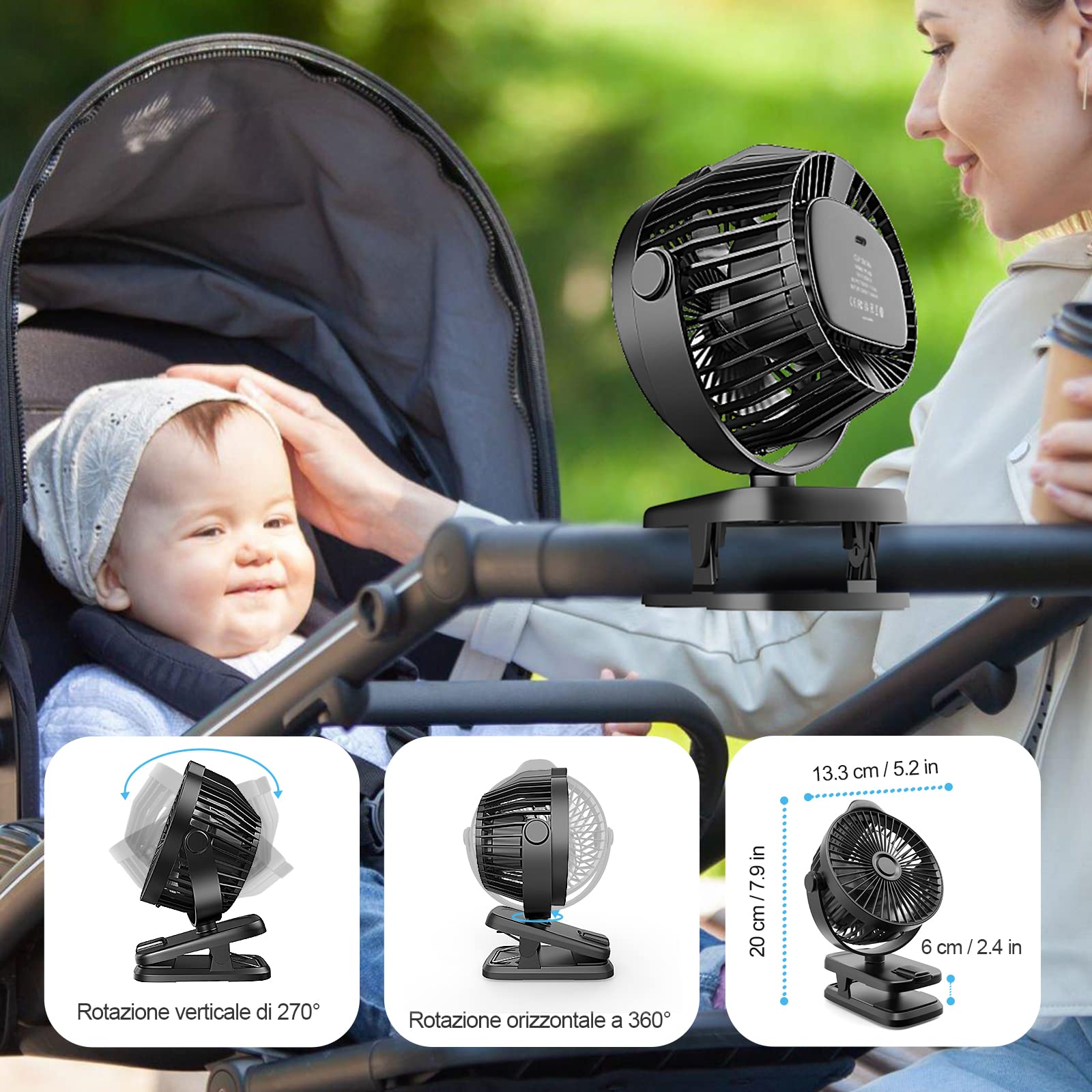 8000 mAh USB Ventilatore da tavolo piccolo con clip, telecomando, display a LED, 5 velocità 360° Rotante, portatile ventilatore a batteria ricaricabile, silenzioso mini fan per ufficio casa campeggio