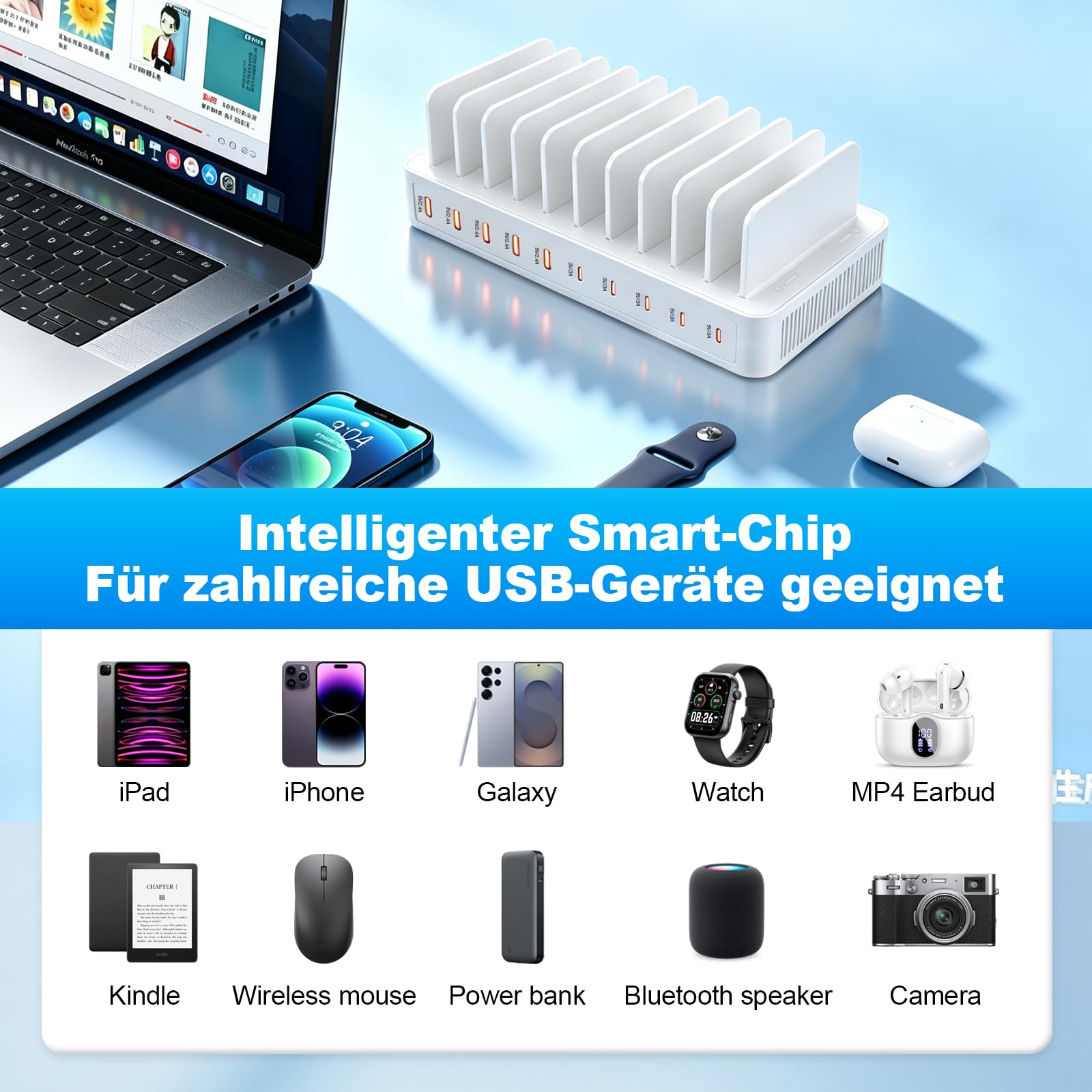 100W USB Ladestation Mehrfach, 10-Port USB C Ladegerät Mehrere Geräte mit verstellbaren Trennwänden Schnellladestation für iPhone, iPads, Tablets und andere Geräte (mit 10 Ladekabeln) Weiß
