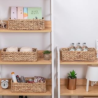 Water Hyacinth Wicker Storage Baskets, Hand-Woven Rattan Storage Basket for Organizer Shelves Pantry, Home Decor Baskets Bins for Toilet Bathroom, Natural color, 4 Pack