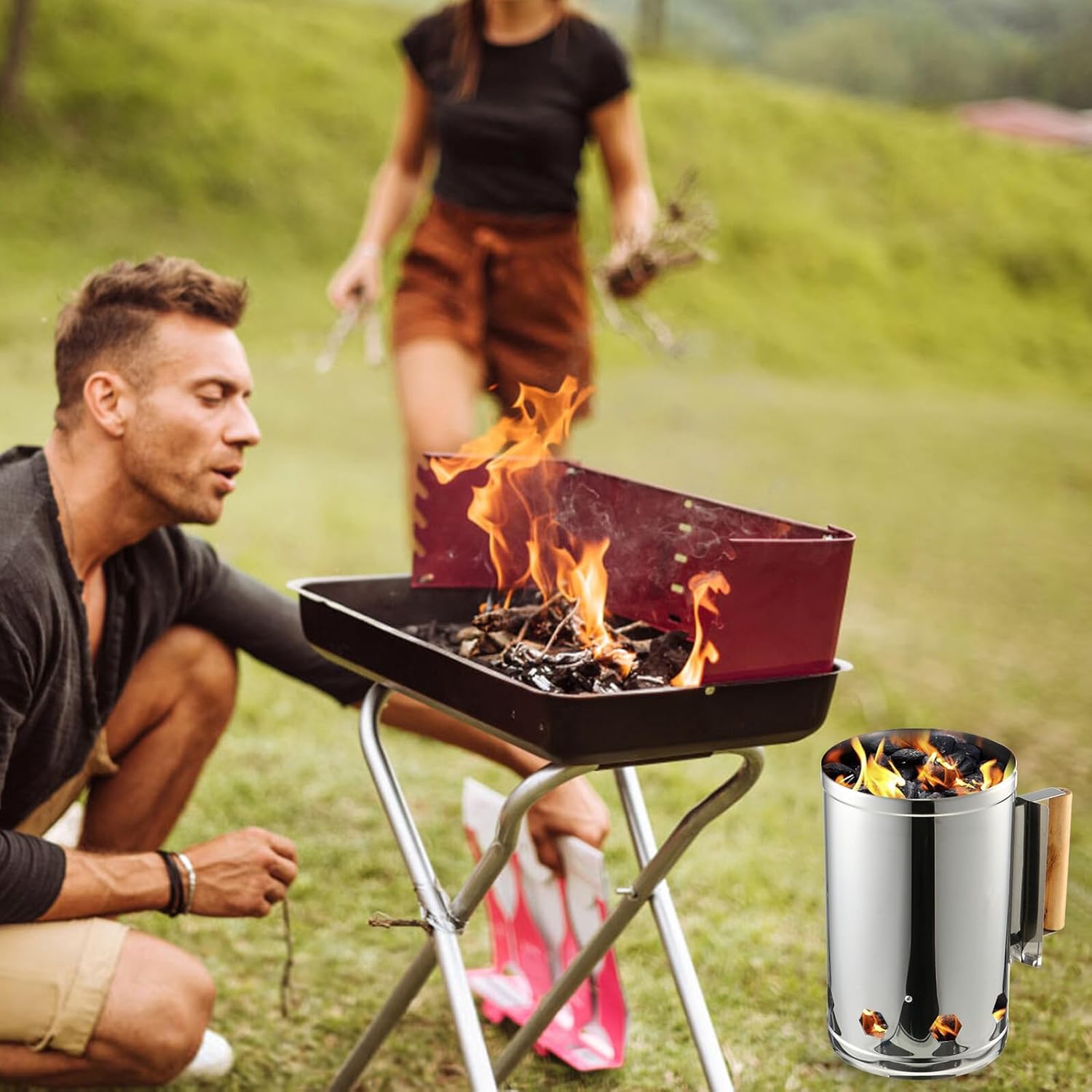 Quick BBQ Charcoal Chimney Starter with Heat-Resistant Wood Handle Vent Base for Fast Ignition Outdoor Cooking Fire Starter for Grills Fireplaces and Campfires