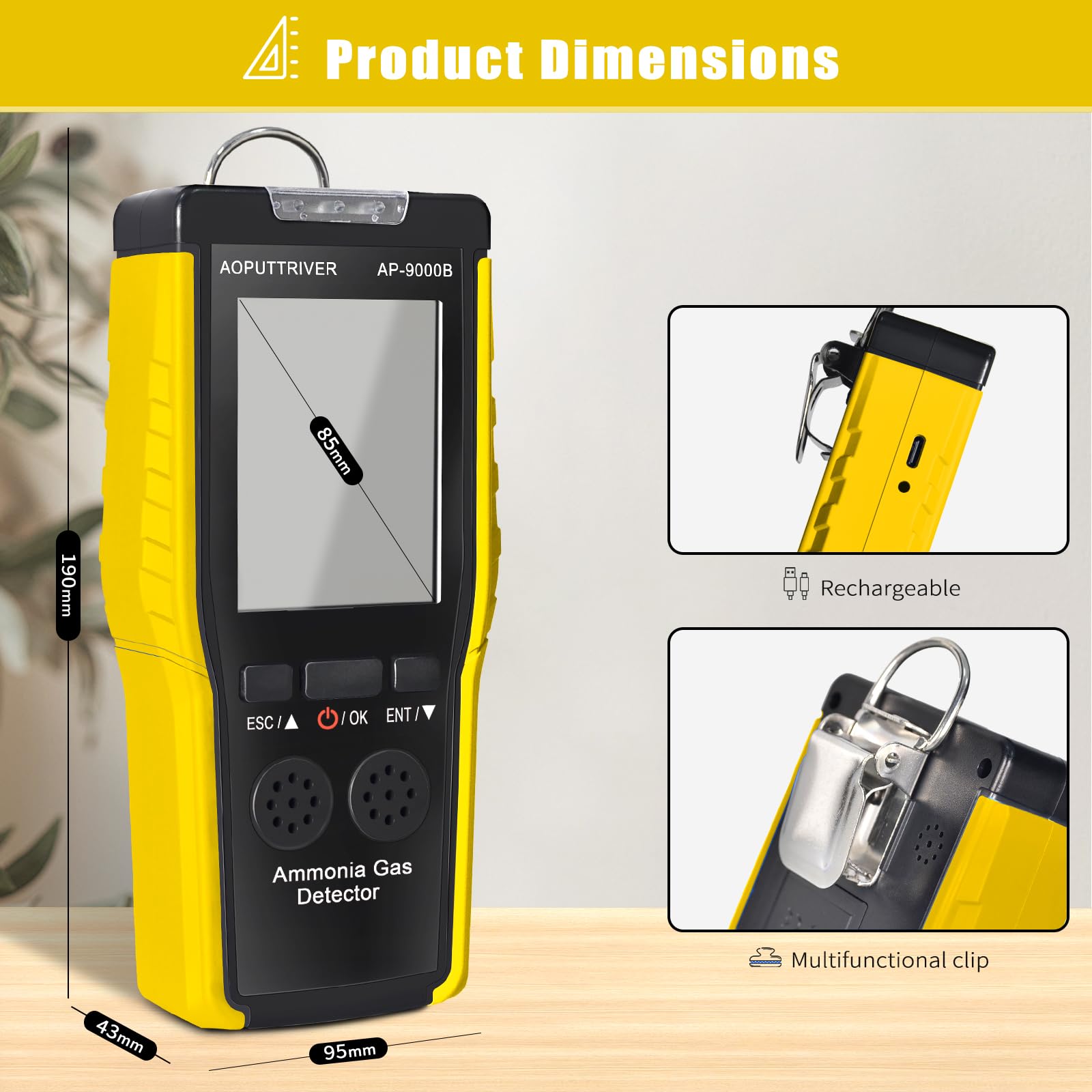 Ammoniak Gas Detektor 9000B, 0~100PPM Akustischer Optischer Alarm NH3 Luftqualitätsmessgerät für Industrie, Haushalt, Fabrik, Luftreiniger Qualität, Dekoration, Geflügelfarmen