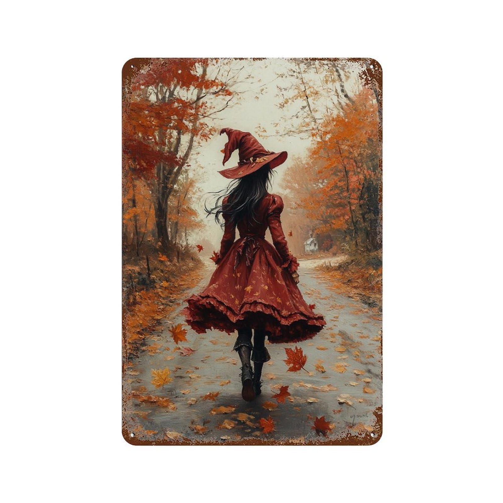 Rust Effect Autumn Witch Walk Rustic Tin Plaque 11.8"x7.9", Classic Wall Plaque for Shed, Workshop And Garage Wall Decor