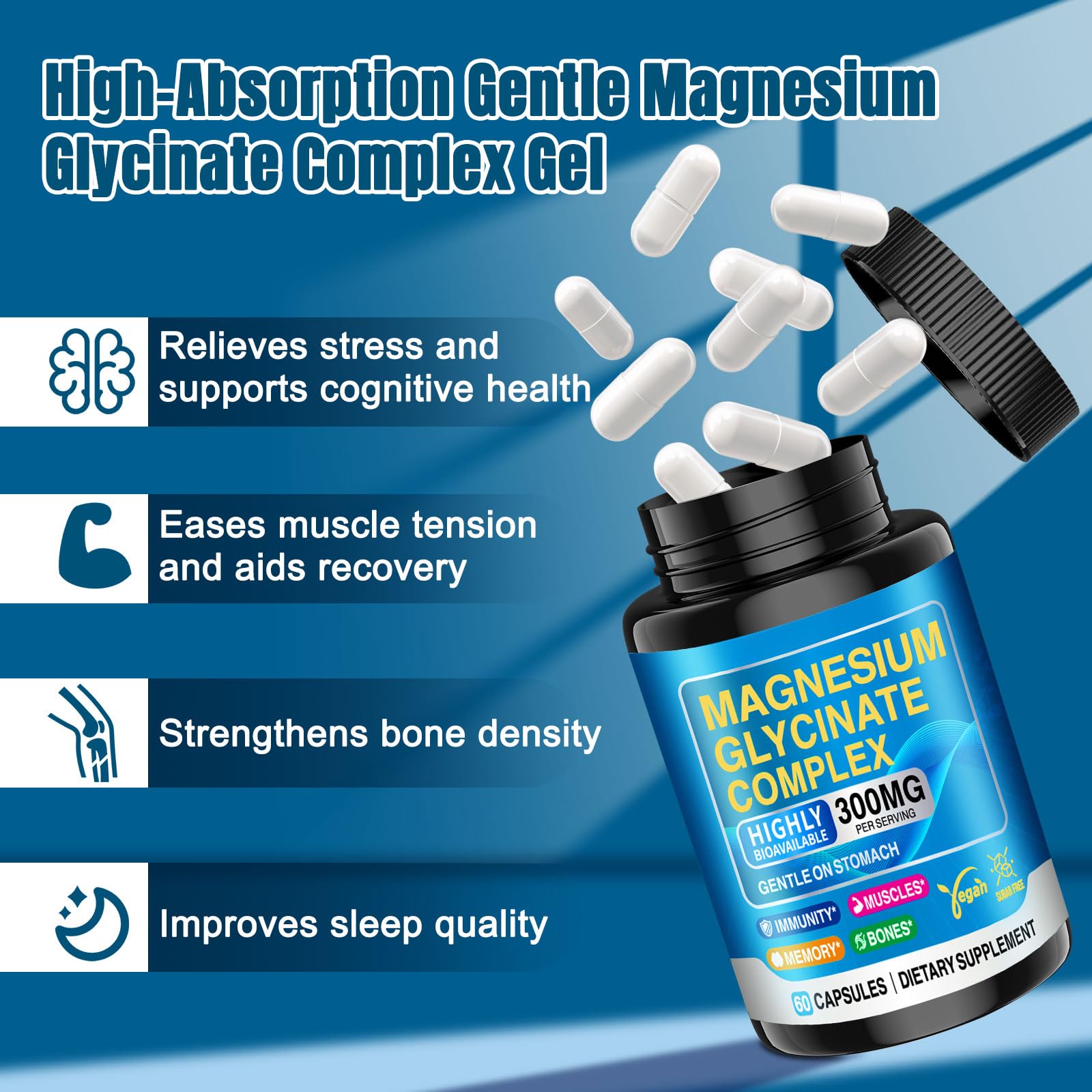 CNFHDI Magnesium Glycinate 300mg Per Serving, Magnesium Supplement for Stress Relief, Sleep & Muscle Recovery, Chelated High Absorption, Non-GMO, Vegan, Gentle on Stomach, 60 Capsules