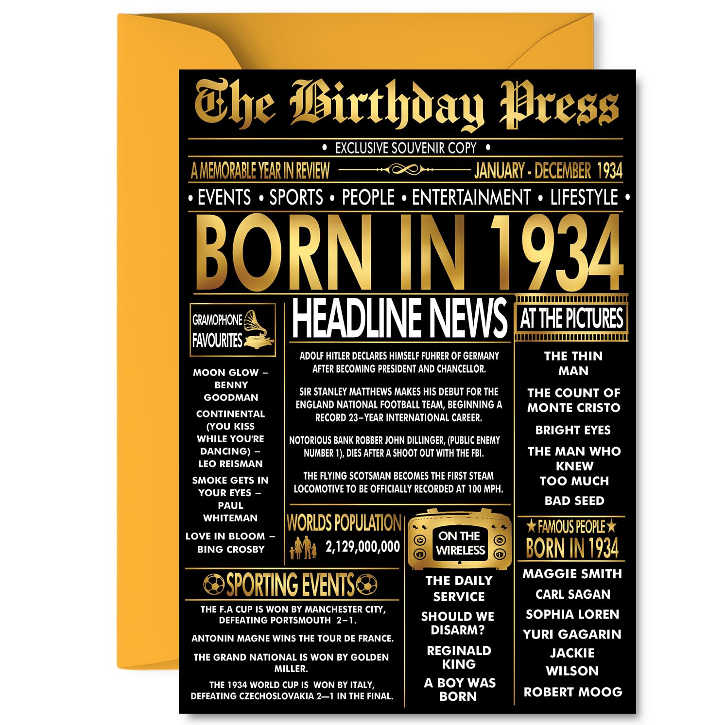 Gold 92nd Birthday Card for Men Women - Black & Golden Newspaper Born in 1934 - Happy 92 Birthday Cards for Nanny Dad Wife Nan Husband Auntie, A5 Bday Greeting Cards