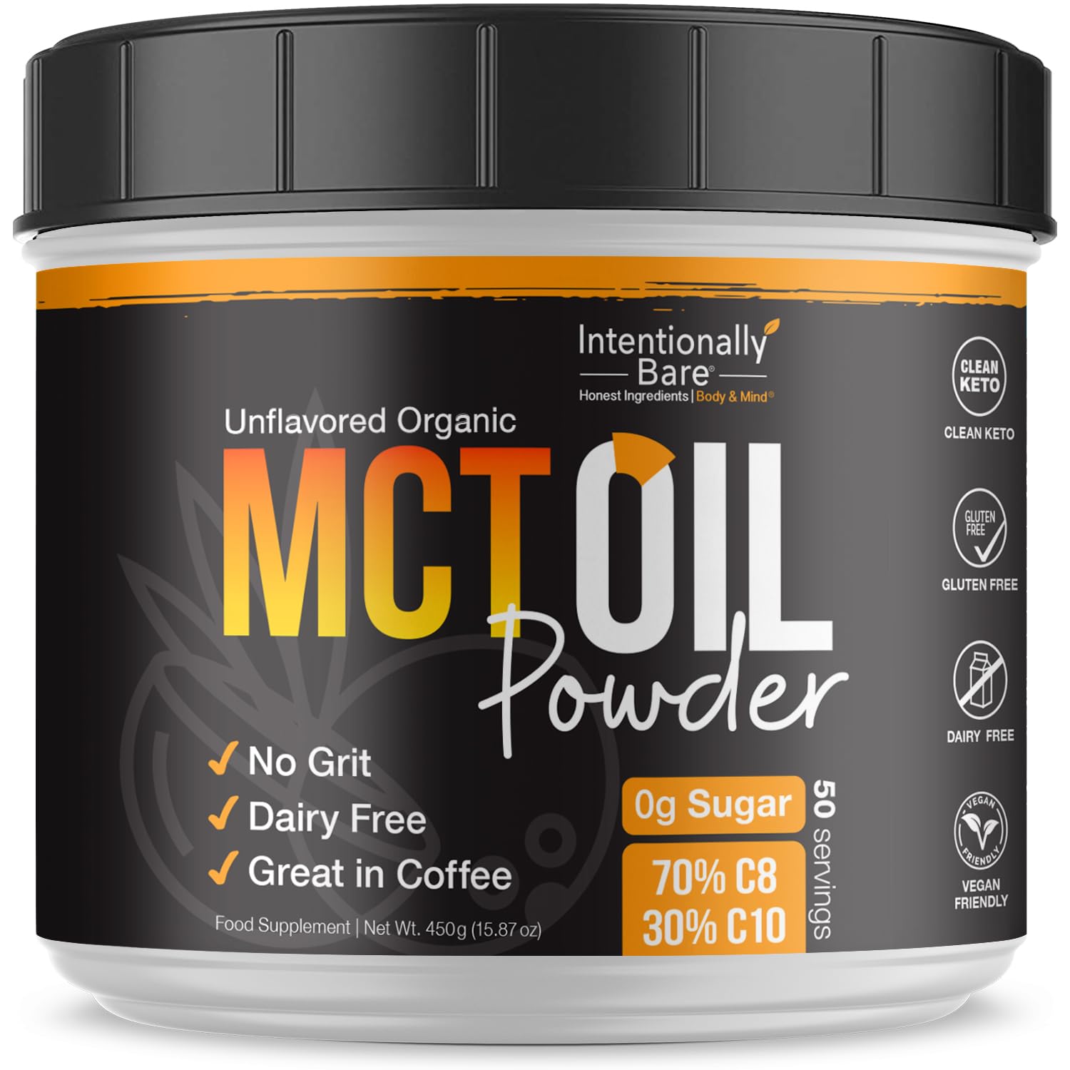 Intentionally Bare MCT Oil Powder - Unflavored – Zero net Carbs 16oz