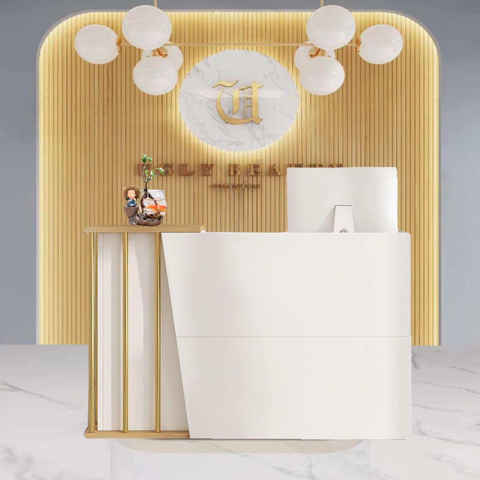 Bureau de réception en bois 100cm blanc avec comptoir avant et tiroir sécurisé