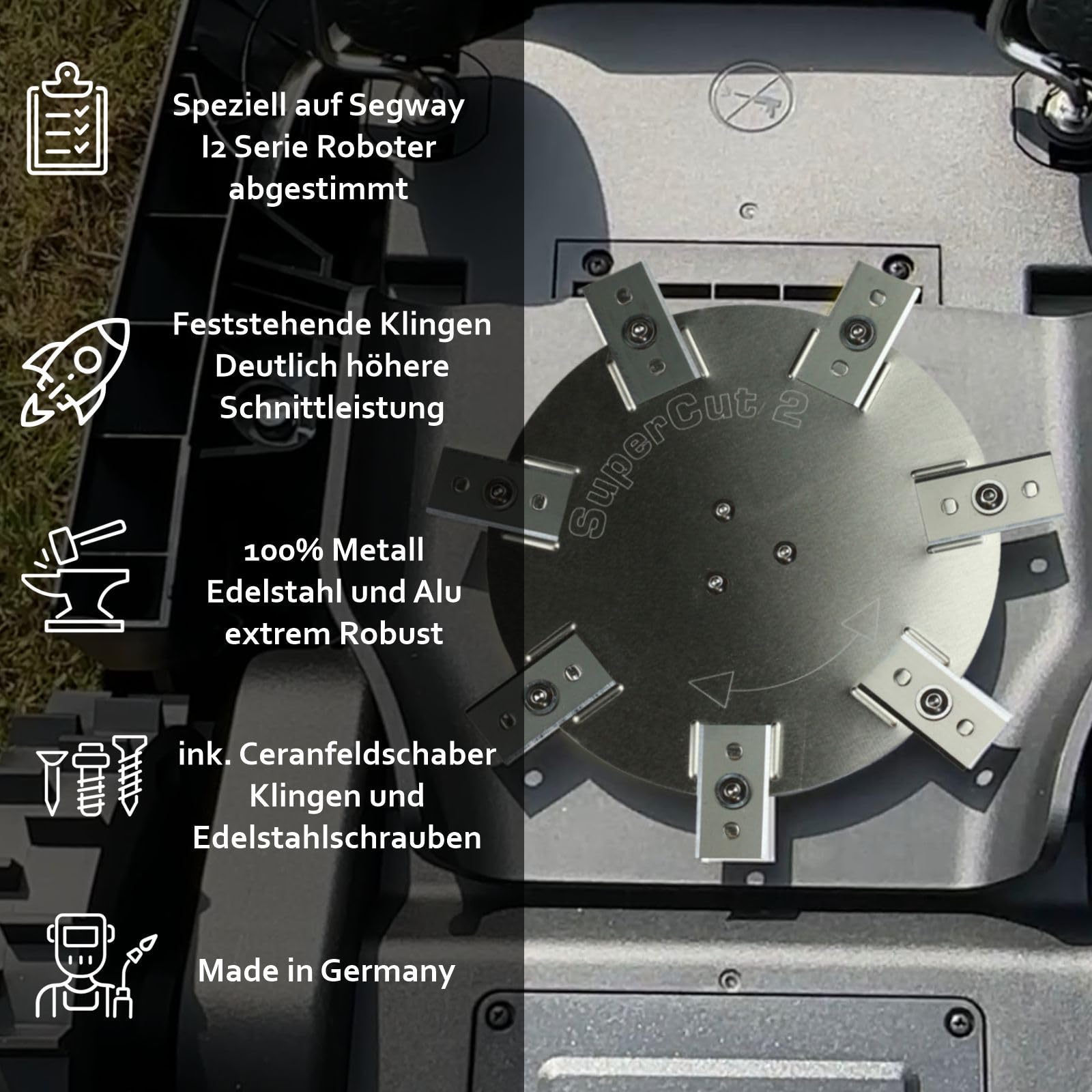 Messerscheibe Edelstahl/Aluminium für Segway Navimow - 7 feststehende Ceranfeldschaber Klingen - Mähroboter - i105E - i108E Serie - Heavy Duty! Mähroboter Tuning Messerteller