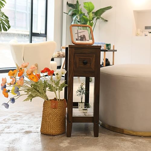 Miniatura 6 de Mesa auxiliar estrecha para silla, mesa auxiliar reclinable sólida con cajón, mesita de noche delgada para sala de estar y dormitorio