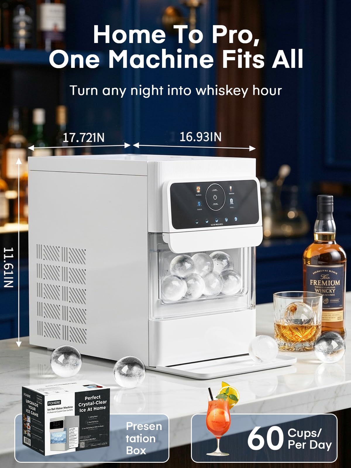 Eiswürfelmaschine für Eiskugeln, 2.5" Extragroßer Eishockeypuck, 3 Stk Transparente und Rissfreie Eiskugeln in 80 Min, LCD Touch-Panel & Selbstreinigender Eisballbereiter für Cocktail Whiskey Bourbon