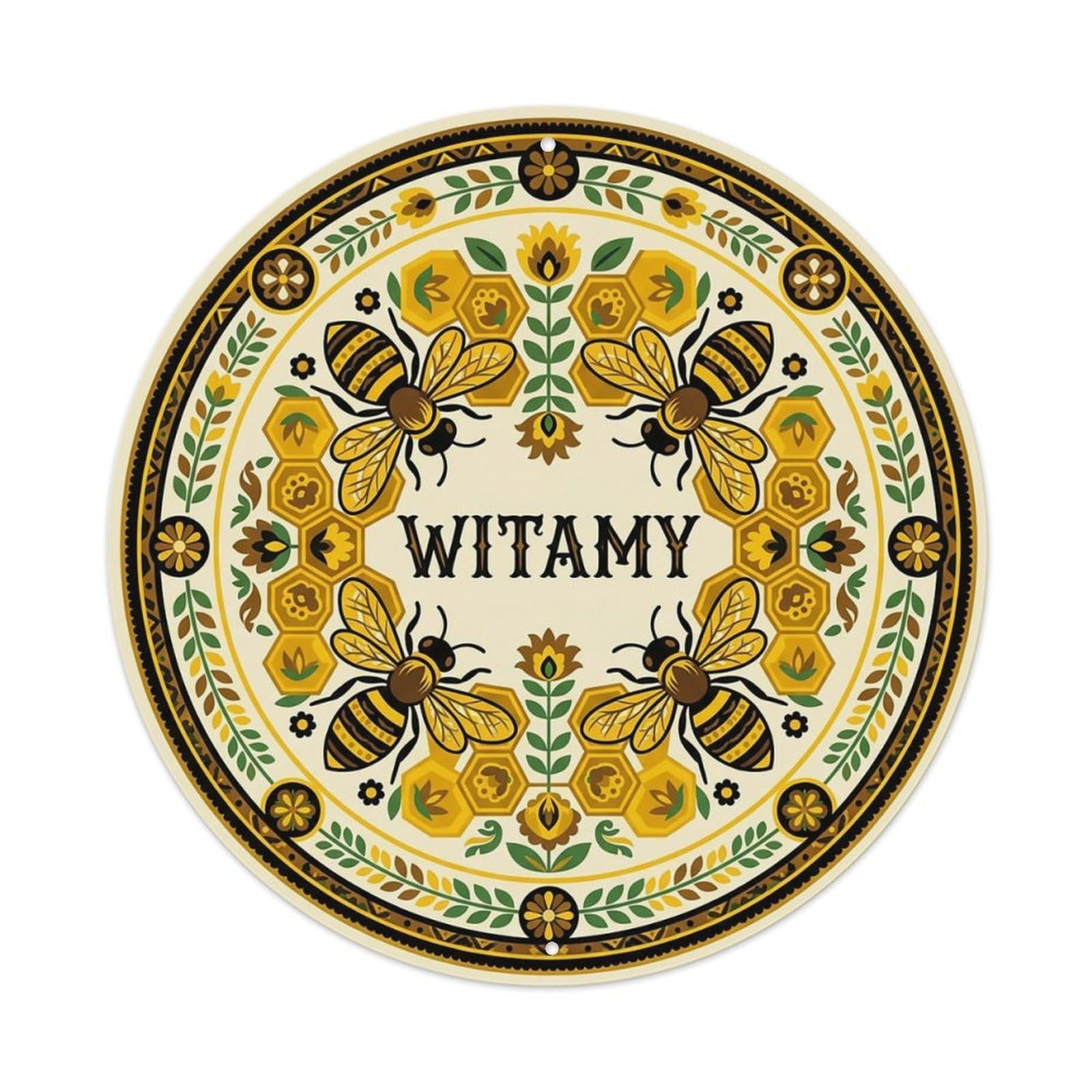 Vintage Polish Folk Art Witamy Welcome Honey Bee Metal Tin Sign