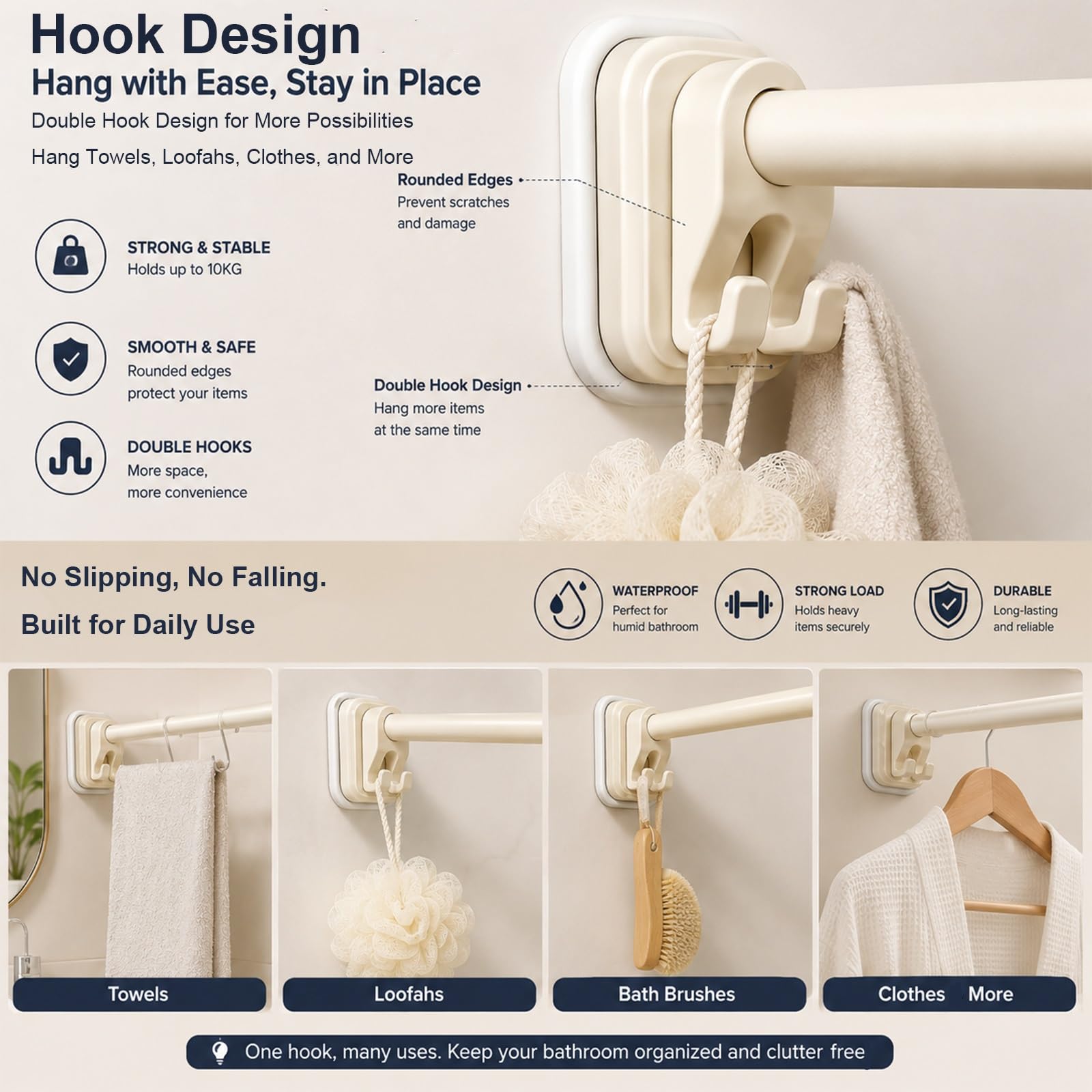 Tringle Rideau de Douche Sans Perçage, Barre Rideau de Tension avec Supports à Double Crochet, Acier Inoxydable pour Dressing Salle Bain(Beige,75-120cm/29-47in)