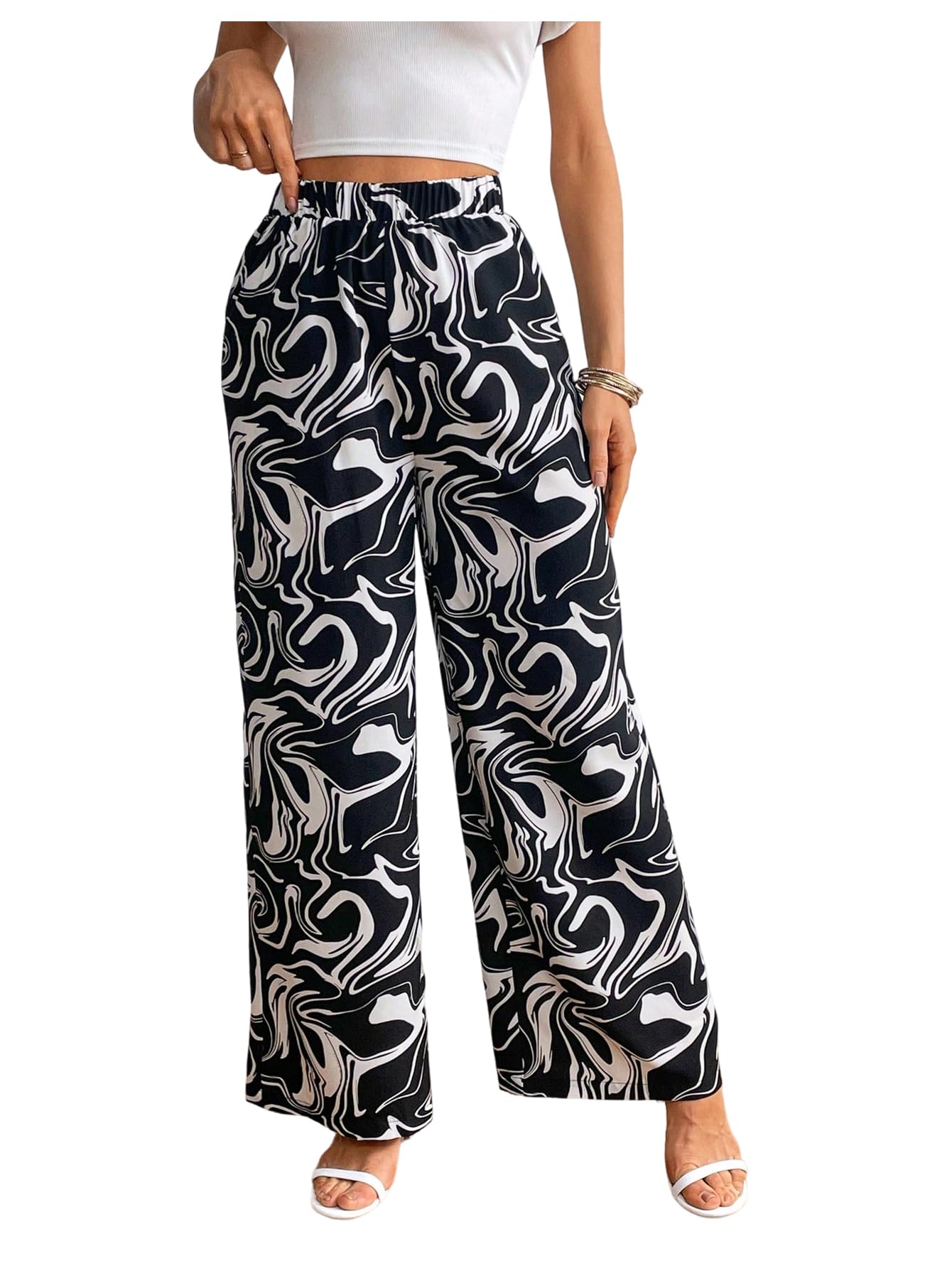 SweatyRocks Womens Marble Print Wide Leg Pants Elastic High Waisted Loose Trousers with Pockets