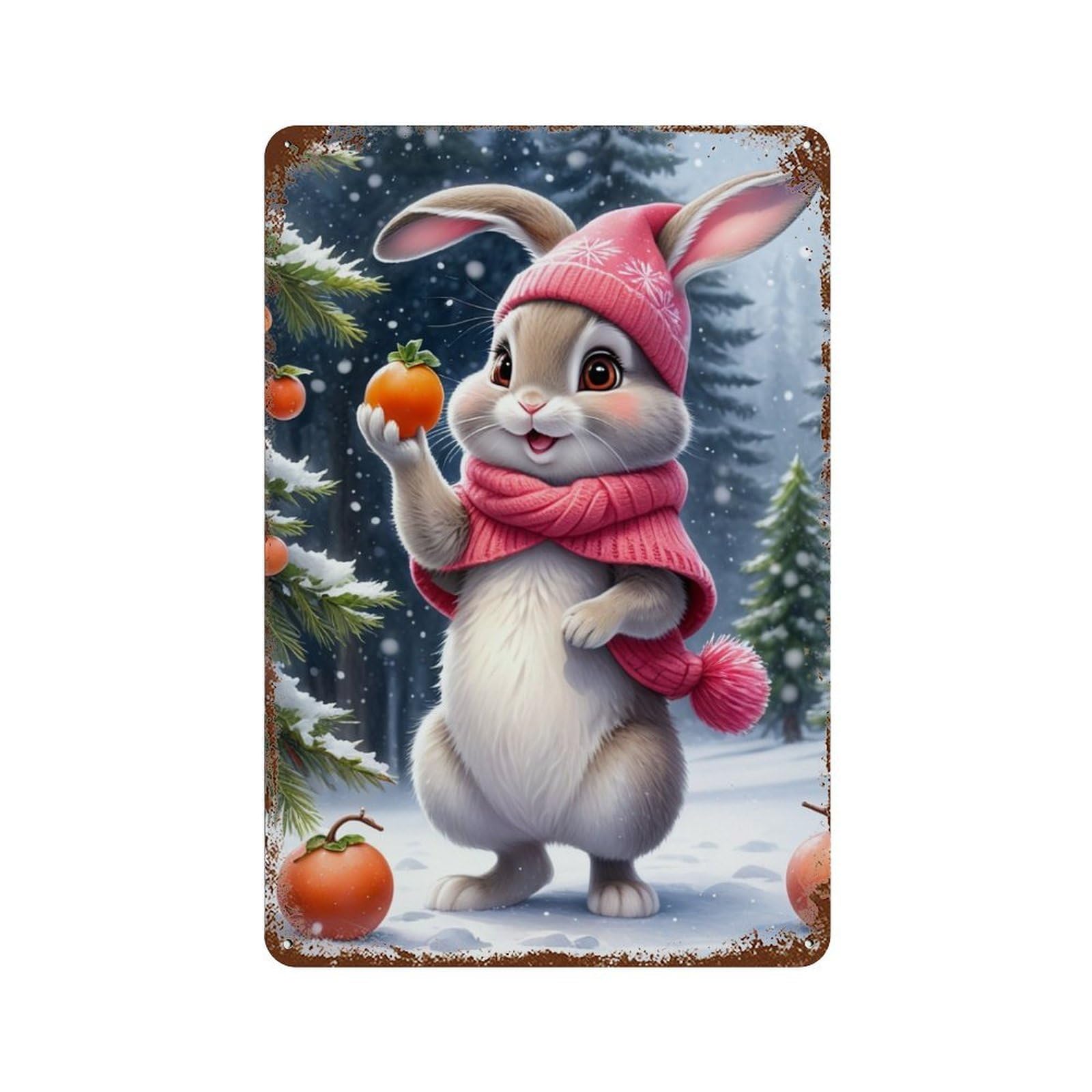 Winter Bunny with Persimmons 11.8"x7.9" Decorative Tin Sign, Retro Wall Decor for Bistro, Counter And Cafe Decor