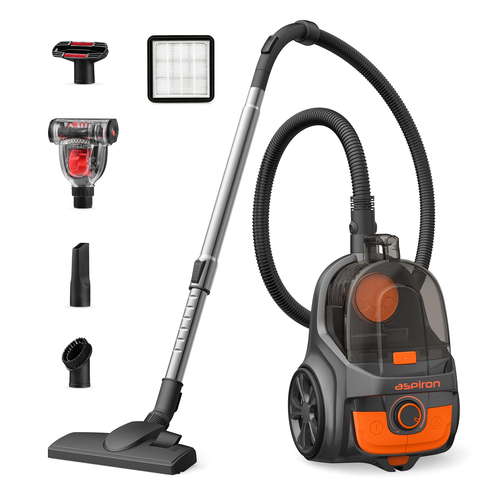 Aspiron Canister Vacuum, Upgraded 1200W Bagless Canister Vacuum Cleaner, Auto Cord Rewind, H13 HEPA Filter, 3.7Qt Large Capacity, 5 Tools for Hard Floors, Carpet, Pet, Upholstery, Tiles, Car, Orange