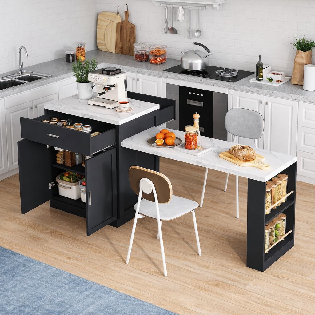 Îlot Central Cuisine sur roulettes avec Table Extensible 2-6 Personnes, Meuble Cuisine avec Plan de Travail, Rangement Double Niveau, multiprise USB intégrée, Bicolore Noir et Marbre Blanc