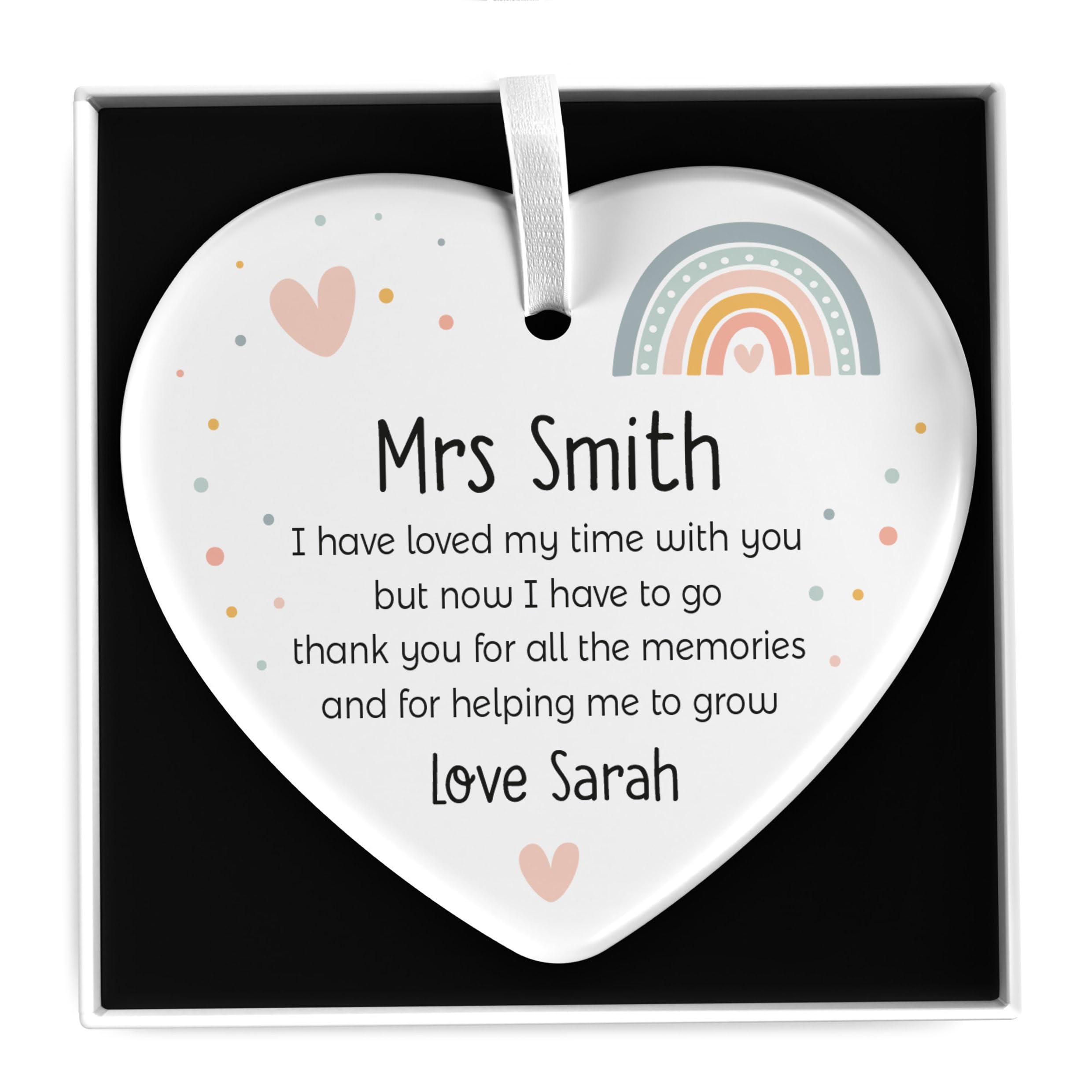 Beecreative Personalised Rainbow Teacher Gift - Rainbow Thank You Heart Gifts for School Teacher, TA, Nursery, Leaving - Ceramic Heart Plaque Gift for Teacher - With Gift Box