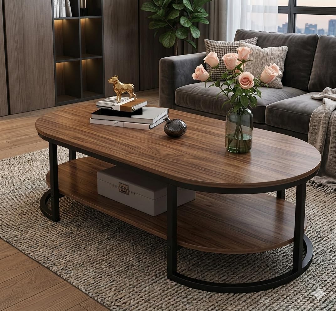 Shoppee Modern 2-Tier Center Table with Engineered Wooden Top & Gold Metal Frame, Cocktail Sofa Table Living Room, Elegant Coffee Table – for Home, Office, Dining (Brown & Black)-image-32