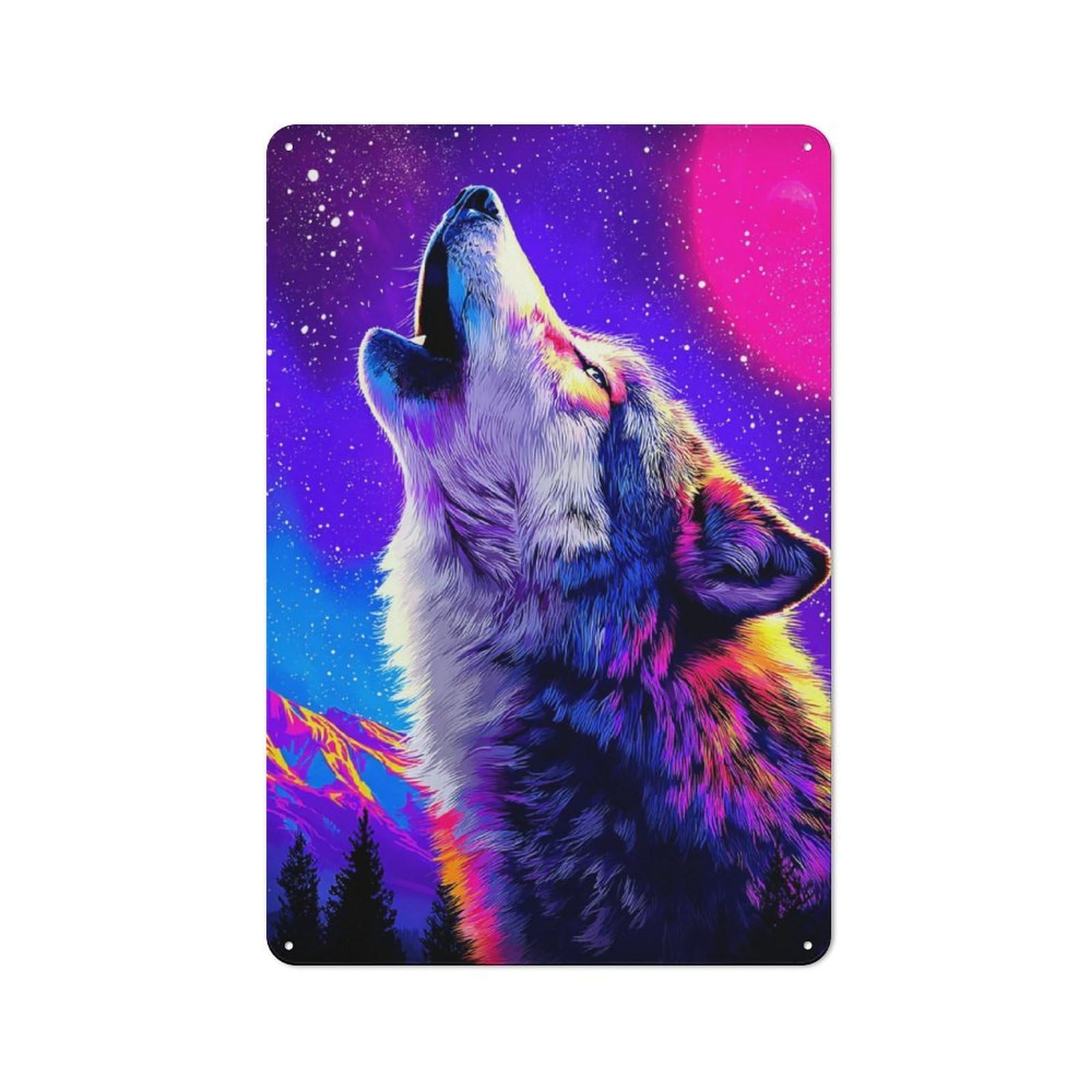 Junmoney Neon Wolf Howling At The Moon Retro Tin Sign 30X20cm For Hallway Wall, For Home Decor Fans Who Collect Metal Signs