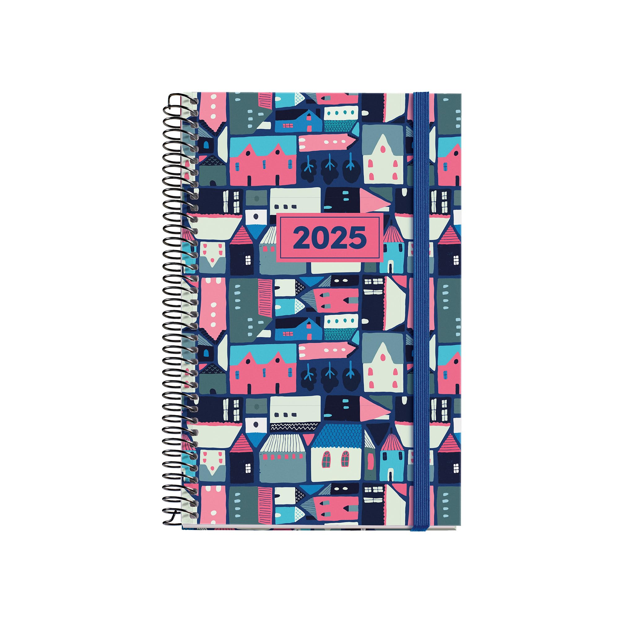 Miquelrius - 2025 Diary, 117 x 182 mm, Week to View Agenda, Laminated Cardboard Cover, Spiral, Elastic Closure, Paper 80 g/m², Spanish, English and Portuguese, Villa