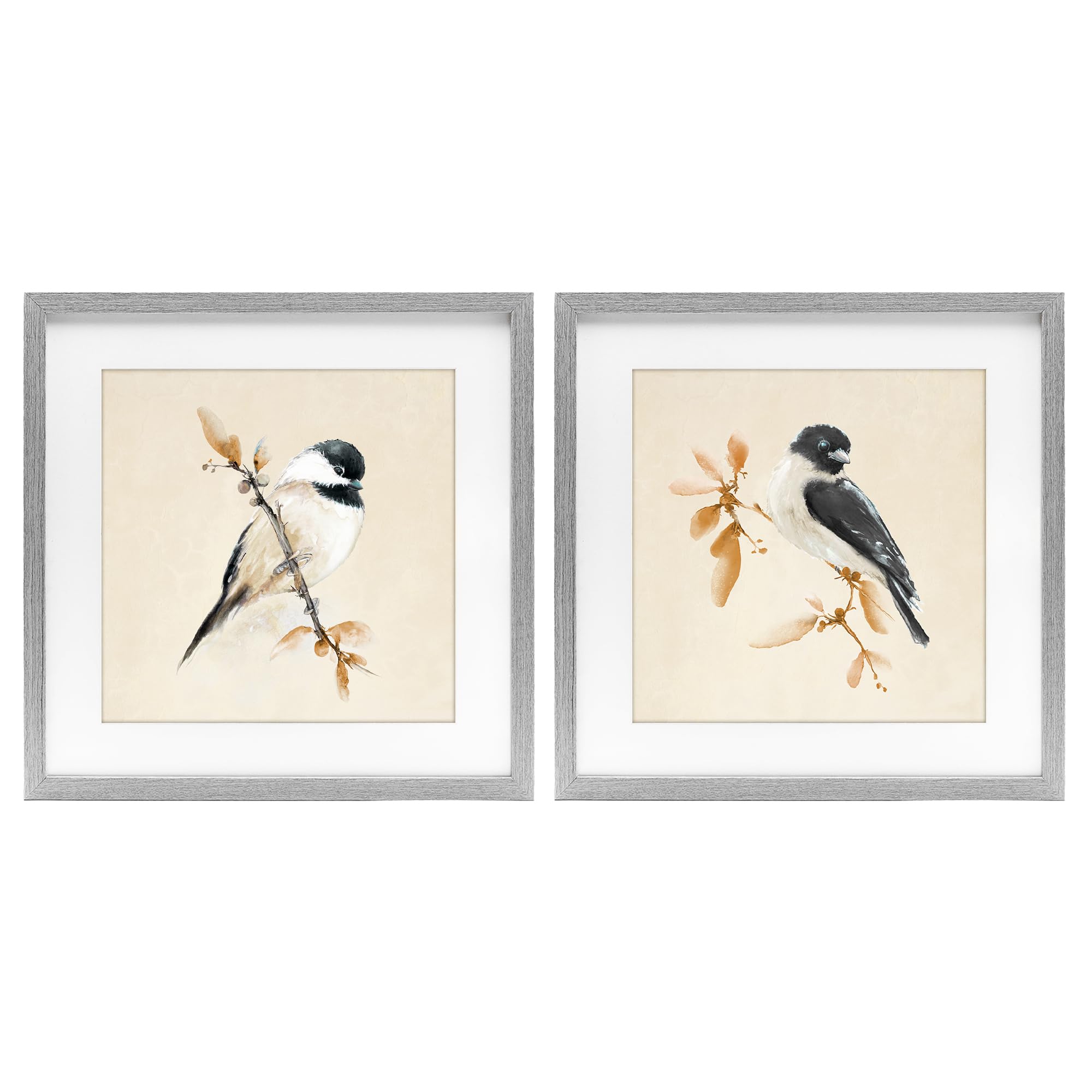 'Muted Chickadees on Beige'| 2pc Framed Print Under Glass Set