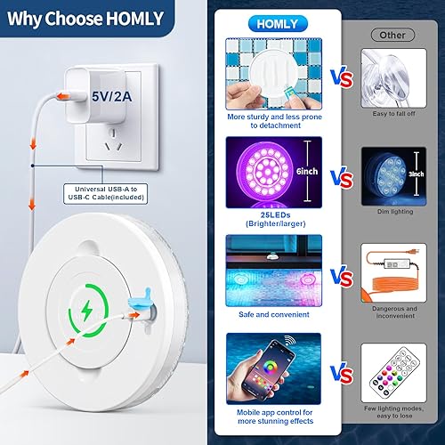 Miniatura 5 de Homly - Luces de piscina recargables sumergibles con control de aplicación inalámbrica, luces LED inteligentes impermeables subacuáticas controladas