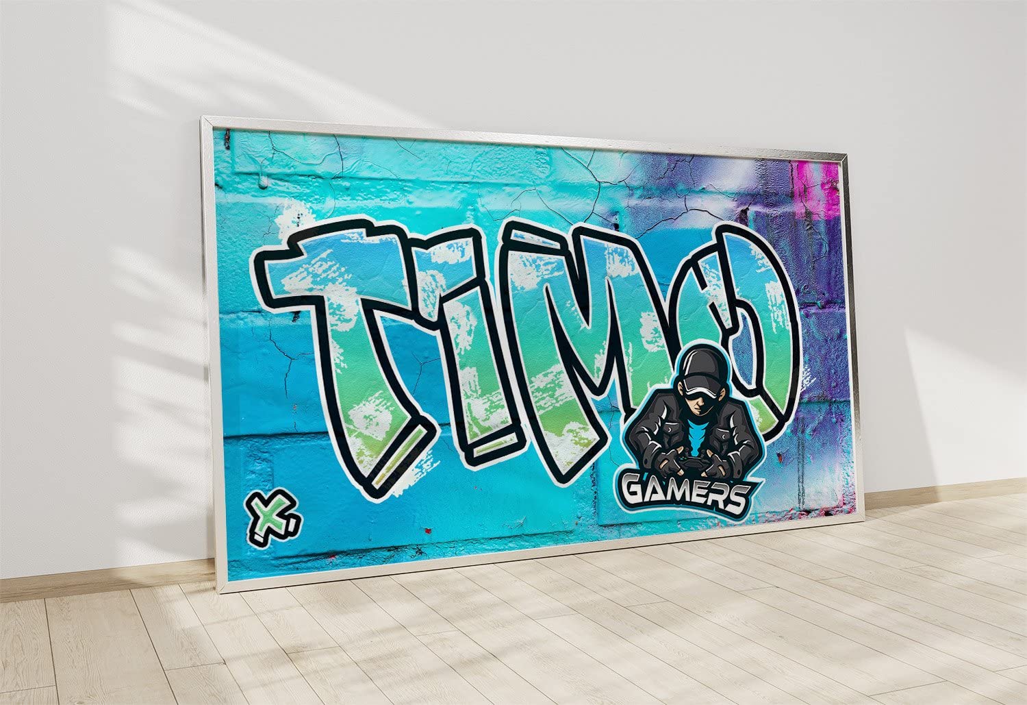 timalo® Cooles Graffiti Bild mit Namen | Modernes Wandposter für Jungs und Mädchen Teenager Kinderzimmer Wandbild Mauer schwarz-weiss Zimmer Poster personalisiert | gamer13-B180xH61cm-new