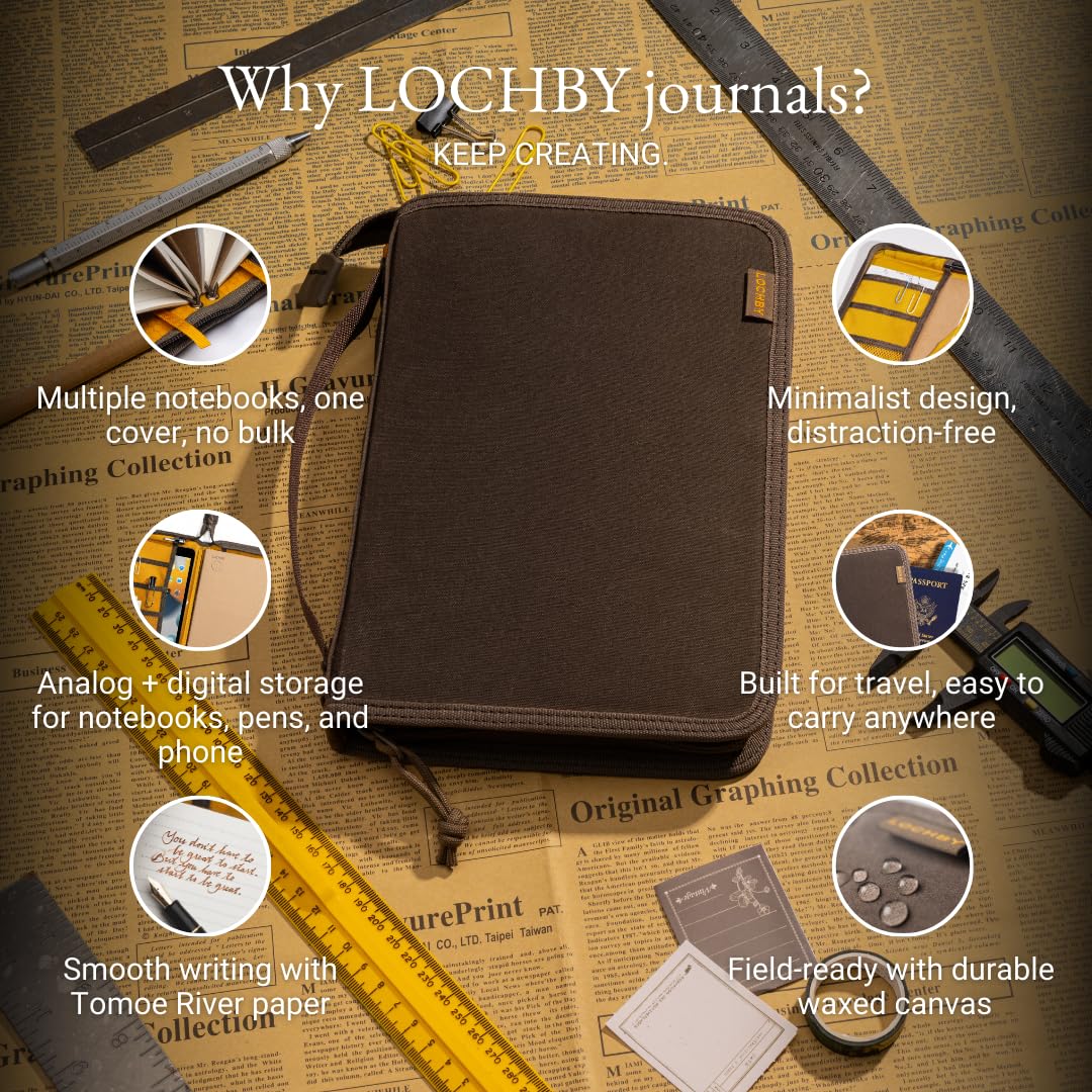 LOCHBY® Field Folio A5 | Couverture de carnet de journal à fermeture éclair | Toile cirée résistante à l'eau | Carnet Tomoe River inclus | Parfait pour le voyage, l'art, le bullet journal