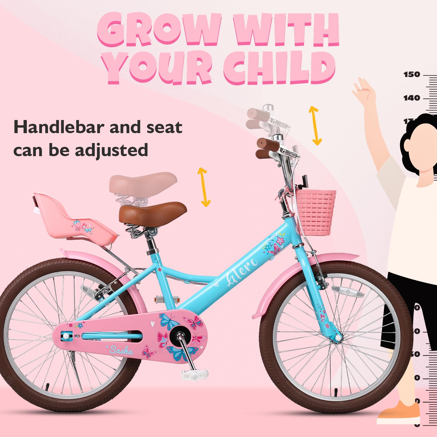 Glerc Sasha 12 14 16 20 Pouces Enfants vélo pour Filles âges 2-13 Ans Enfants vélo avec poupée siège vélo & Panier & stabilisateurs, Plusieurs Couleurs