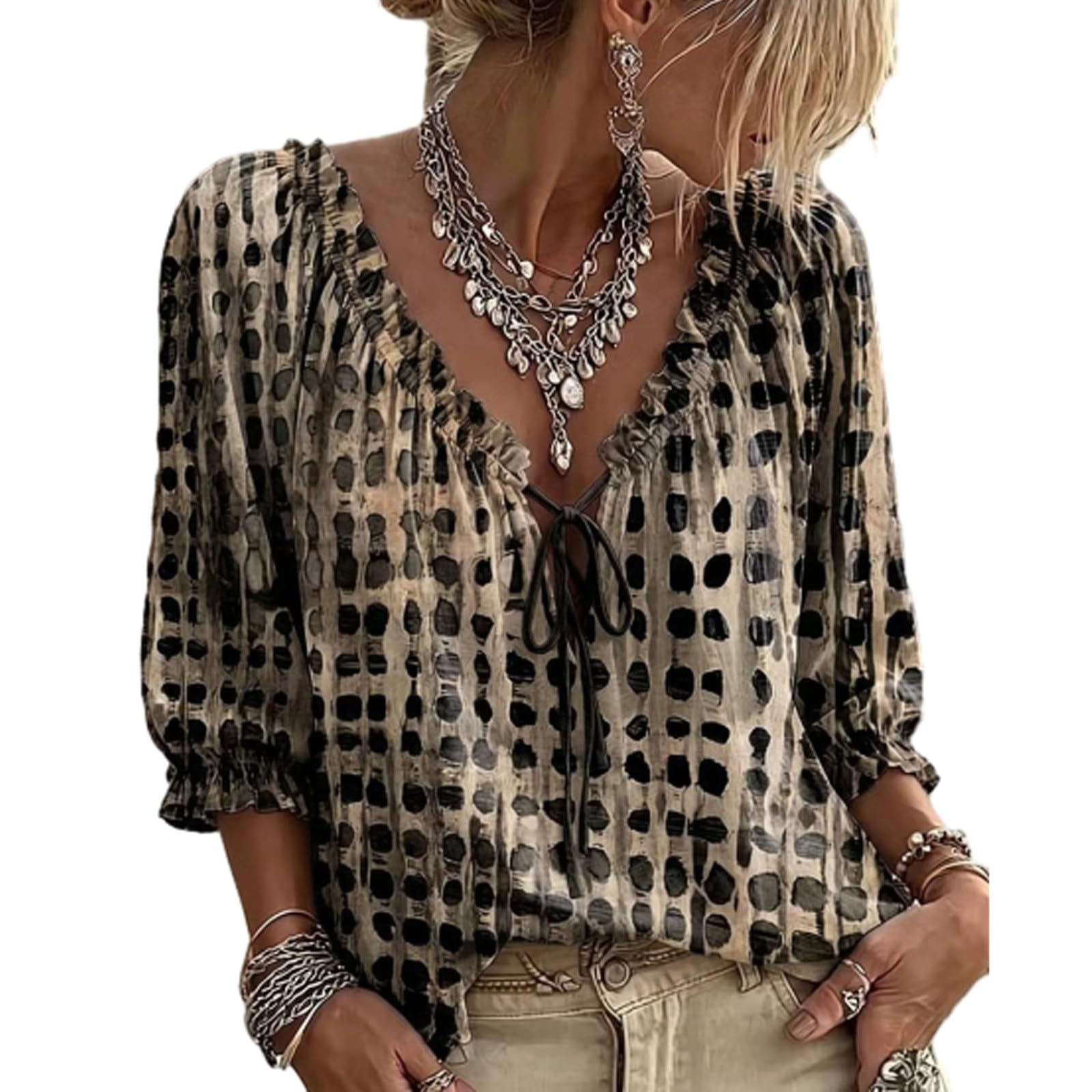 MOKBAY Womens Tops, Fashion Oversized Gypsy Retro Y2k Summer 3/4 Sleeve Peplum Ladies Blouses, Loose Fit Relaxed Holiday Crochet UK Vintage Boho Ladies Shirts and Blouses, XL Black