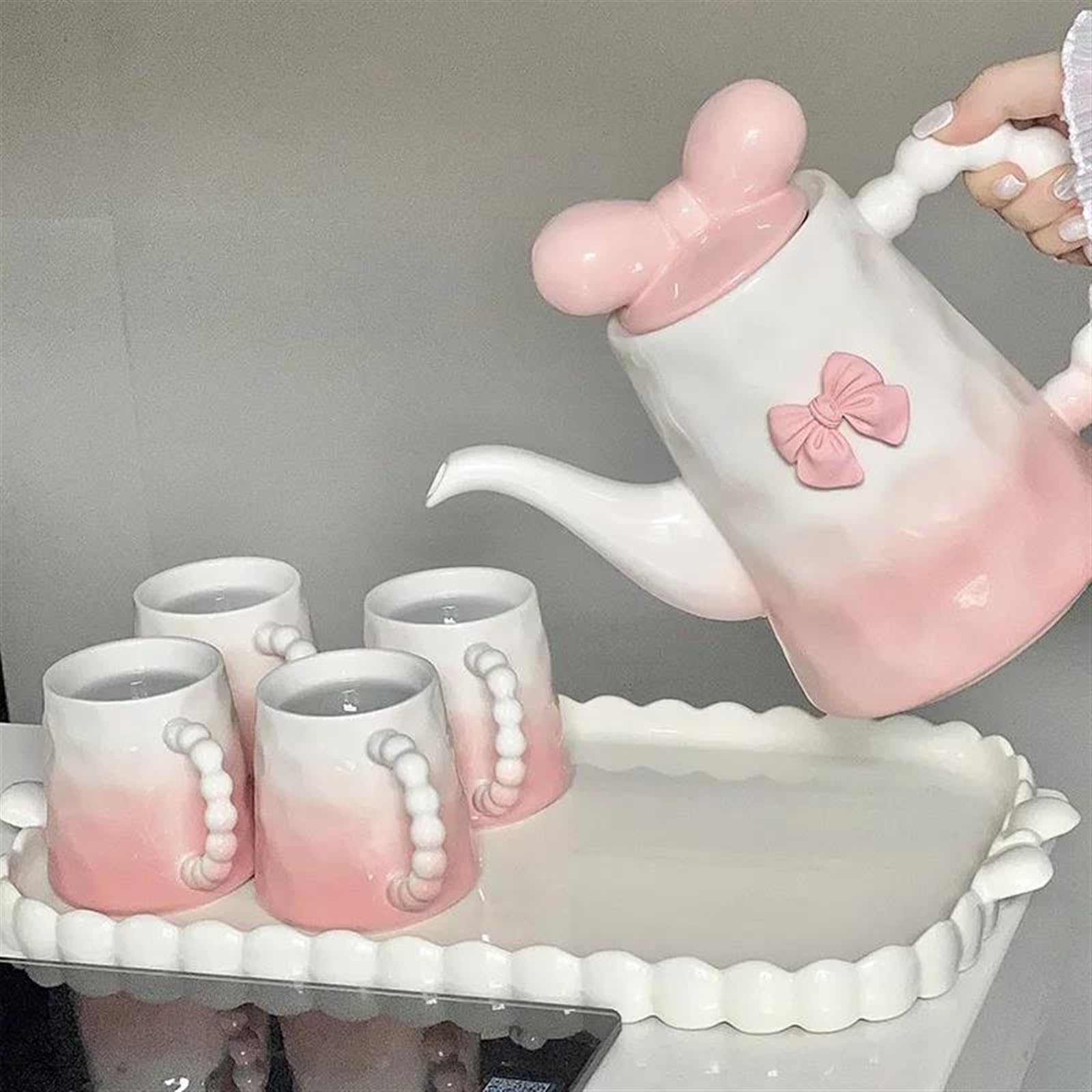 Set Da Tè Per Adulti Casa Bollitore Tazze Di Caffè In Ceramica Latte Mug Teiera Bow Cute Girly Pomeriggio Tazza Tè Set Rosa Gradiente In Tea Set Da Tè Portatili(B)