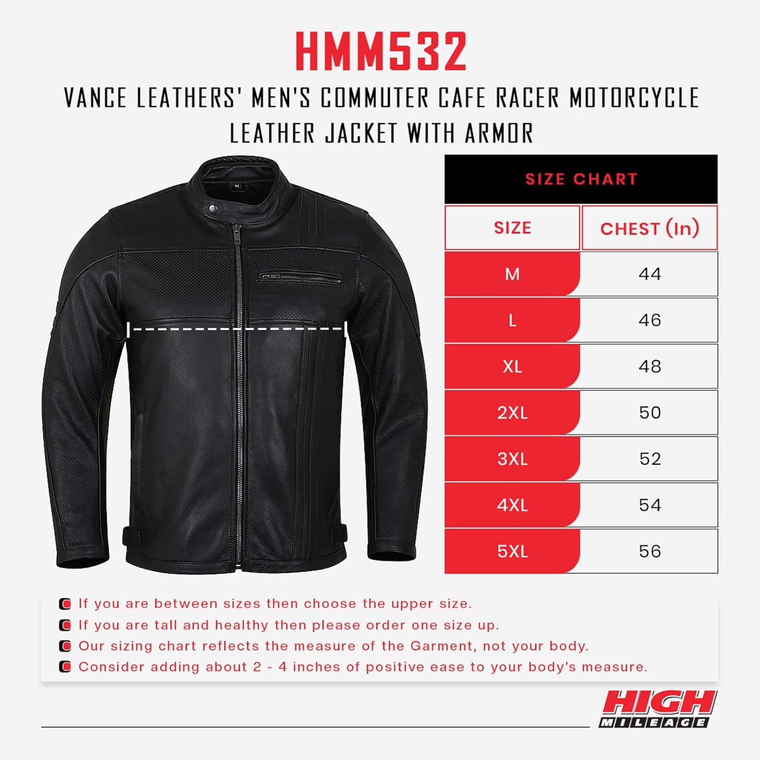 Vance Leathers' Men's Commuter Cafe Racer Motorcycle Leather Jacket with Armor - Image 7