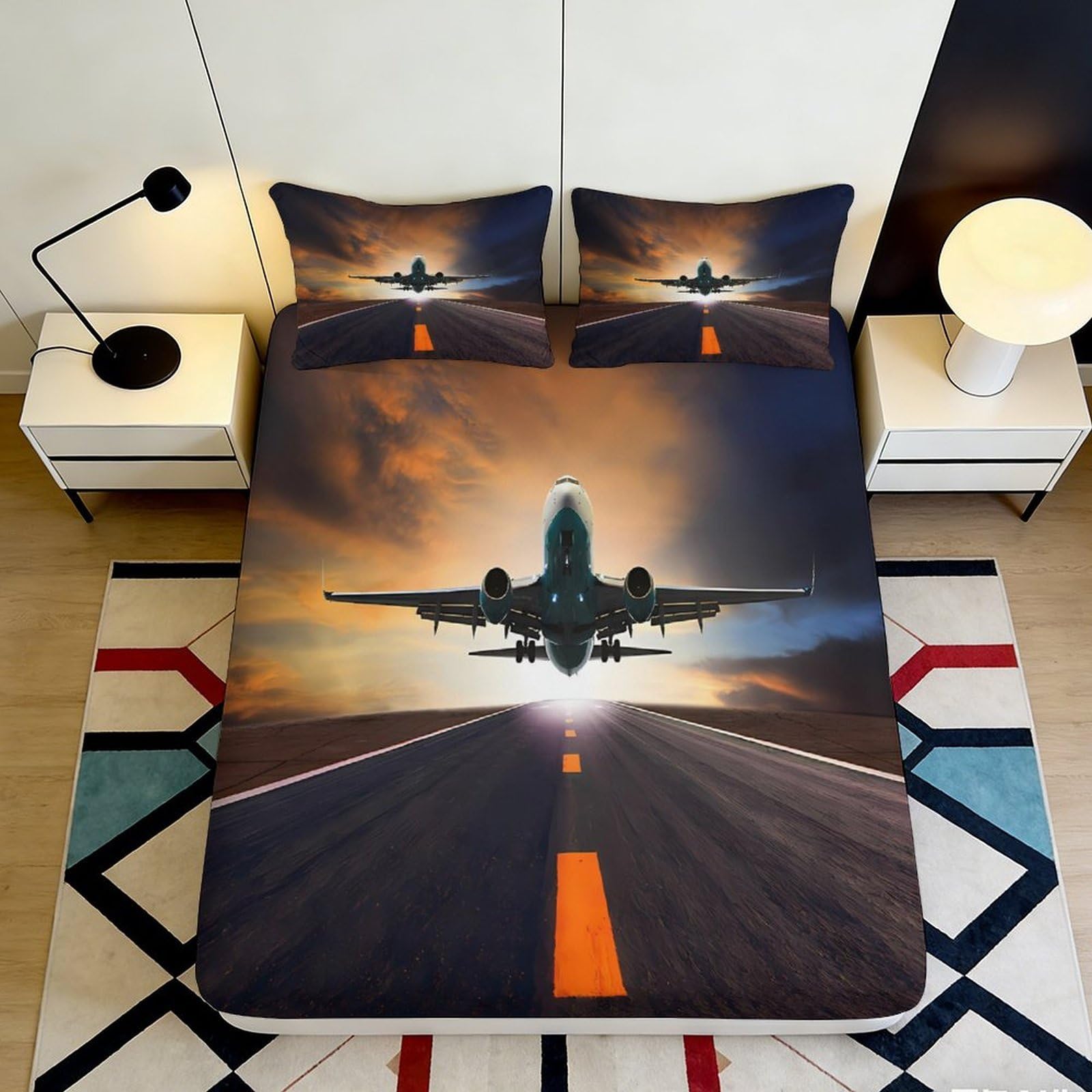 3D Printed Sunset Runway Fitted Sheet Microfiber Soft Airplane Bed Cover for Bedroom Guest Room Dorm Decor 90x200x25cm