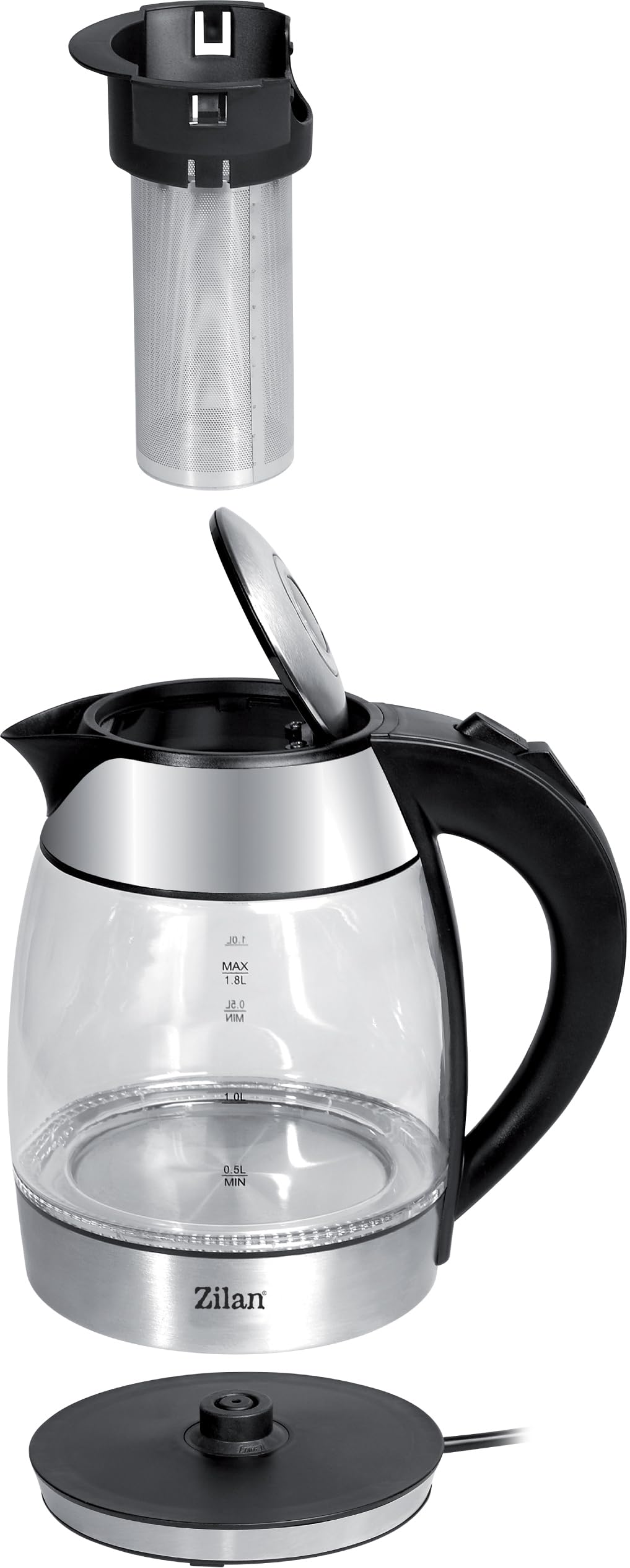 Zilan Bollitore in vetro con filtro, luce LED blu, capacità 1,8 litri, base rotante a 360°, protezione contro l'ebollizione a secco, 2200 Watt