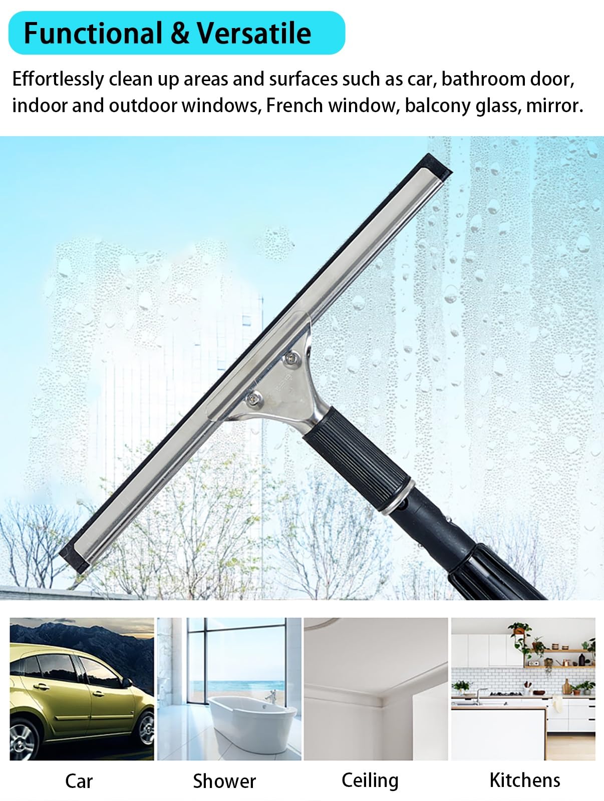 Fensterreinigungsstange 2 Floor Window Washing Equipment with Stone Shovel, 3-in-1 Outdoor High Windows Cleaner Tool with 1.2/ 2.4/ 3.6 M Adjustable Pole & 35 Cm Squeegee, Auto Glass Cleaning Kit(2.4m