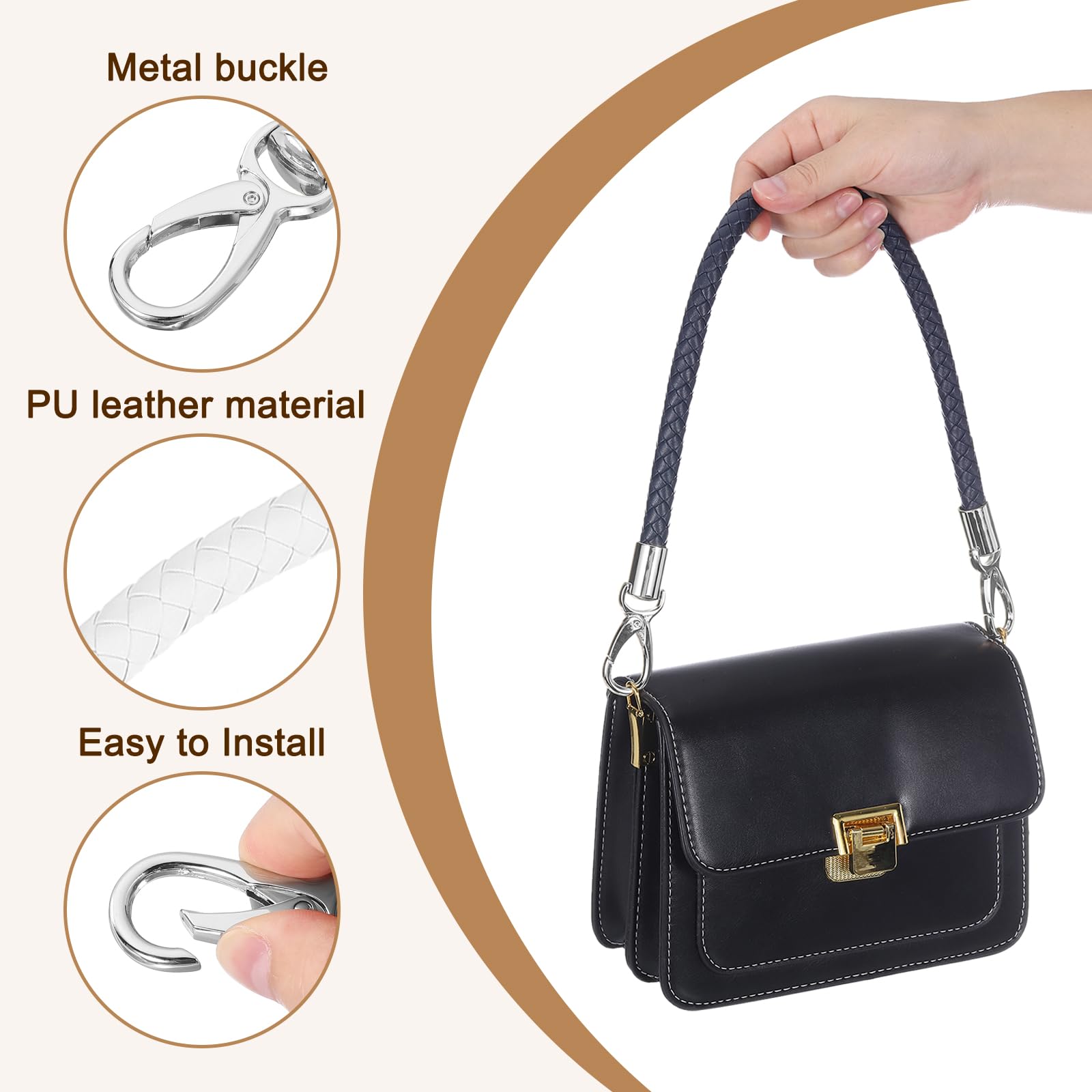 QUARKZMAN Tracolla in Pelle per Borsa, 2pz Manico di Ricambio Corto Intrecciata PU con Fibbie Metallo per Borsetta Fai da Te Borse a Mano (60cm, Cinturino Bianco + Chiusura Argento)