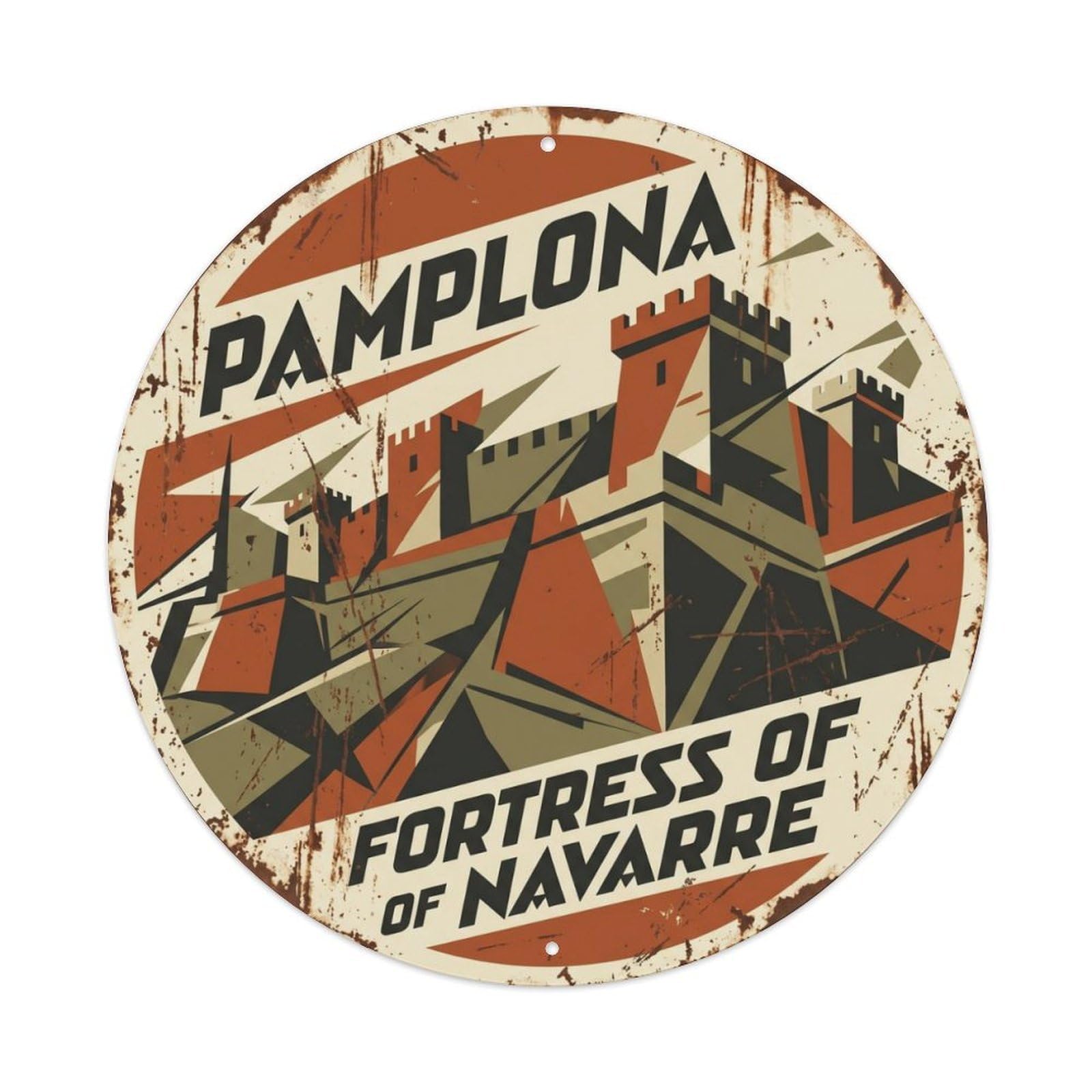 Fqcyn Style Vintage Travel Pamplona Walls Fortress Metal Tin Sign Plaque Wall Decor For Cafe, Club Bar, Office, Home Garden Round Metal Poster 8X8inch