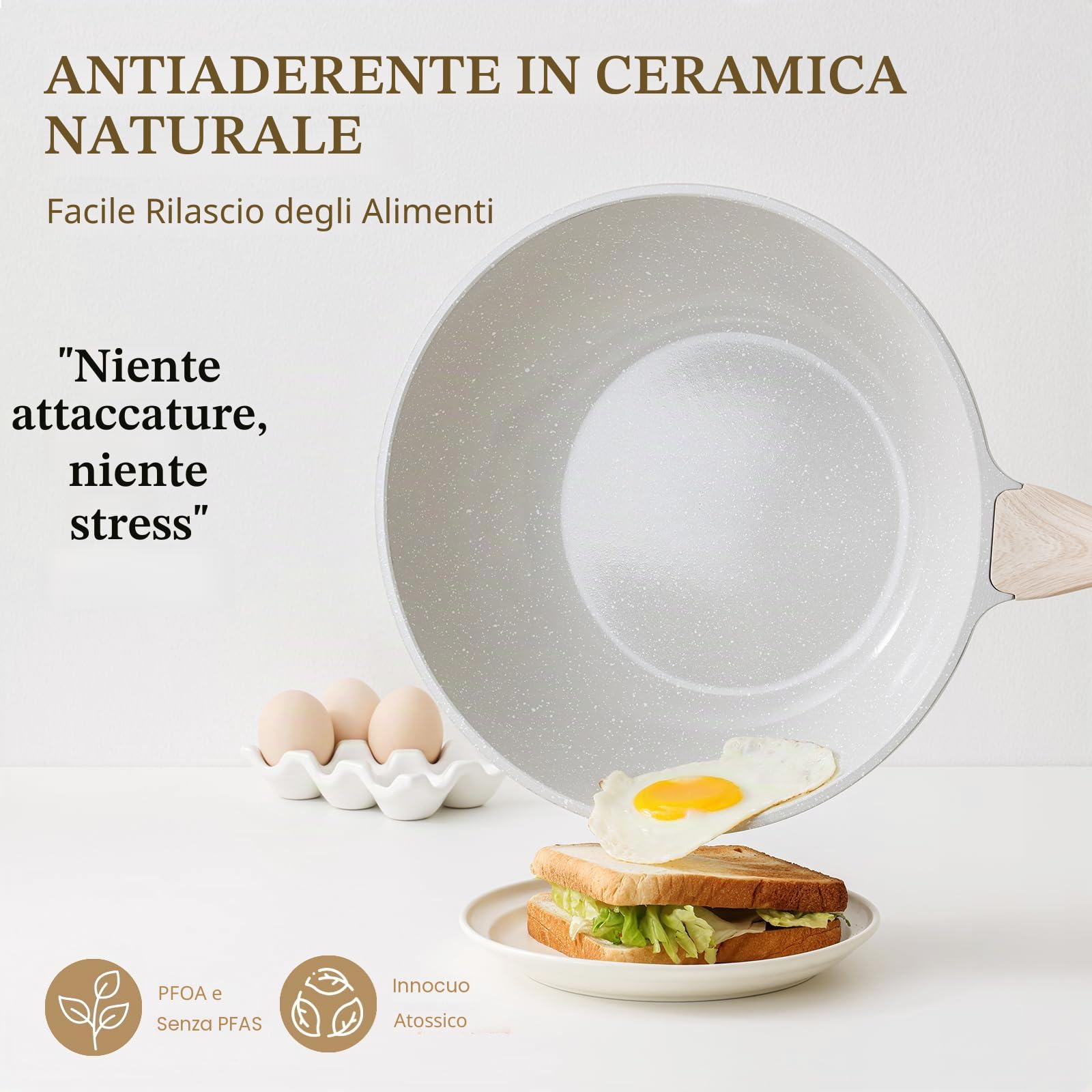 Kordisen Wok Ceramica 30 cm, Wok a Induzione con Coperchio, Rivestimento Antiaderente, Adatto a Tutti i Piani Cottura, Senza PFOA e PFAS (Grigio)