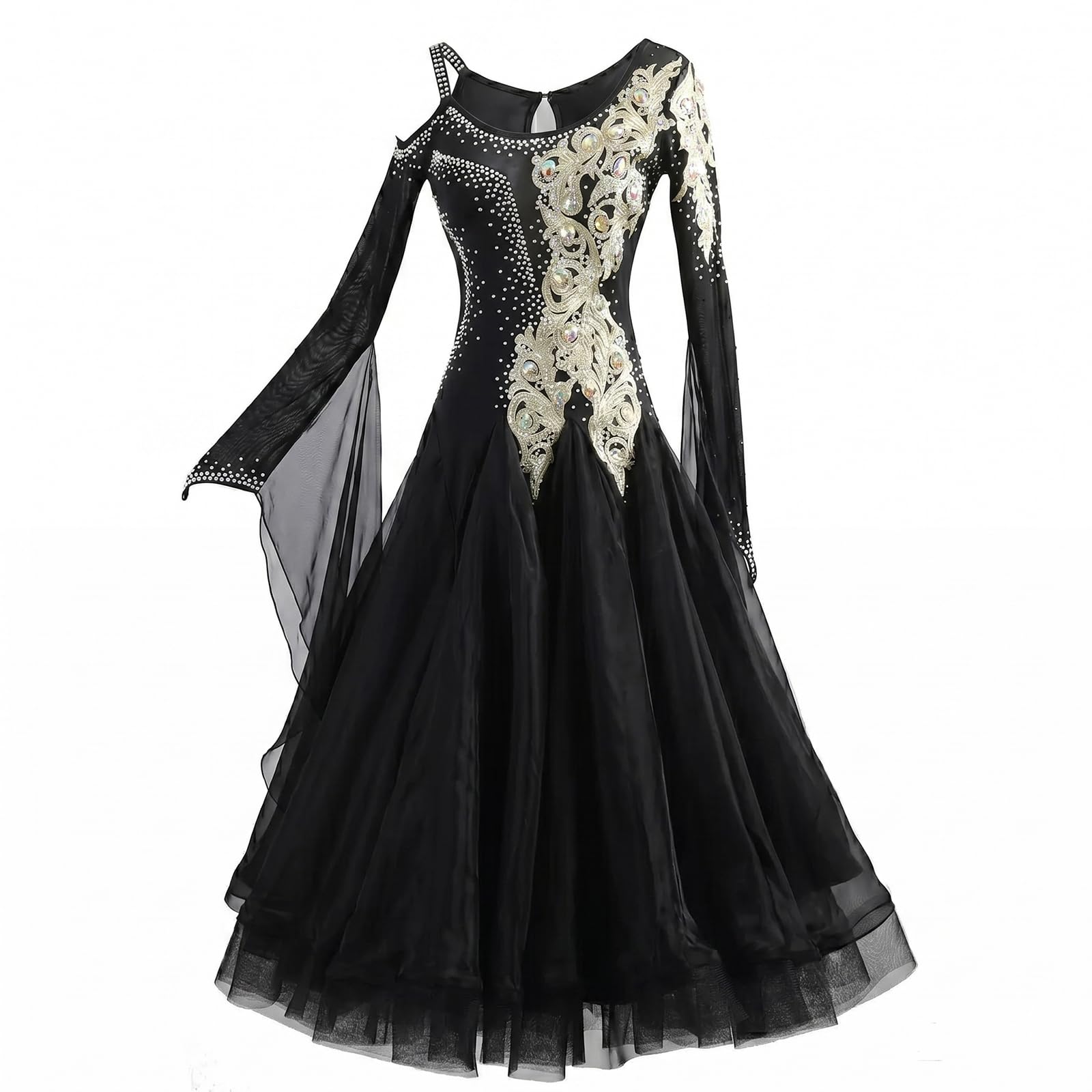 purpleq Asymmetrisch Turniertanzkleid Damen mit Strass Spitze Standardsaal Walzer Modern Tanzkleid Gesellschaftstanz Kleid für Performance Training Bühnenbekleidung Abend