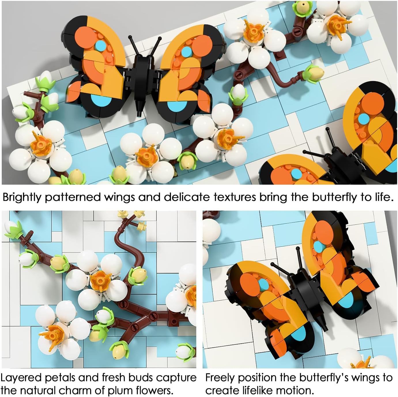 Close-up view of the assembled plum blossoms and butterflies, showing layered petals and adjustable wings.