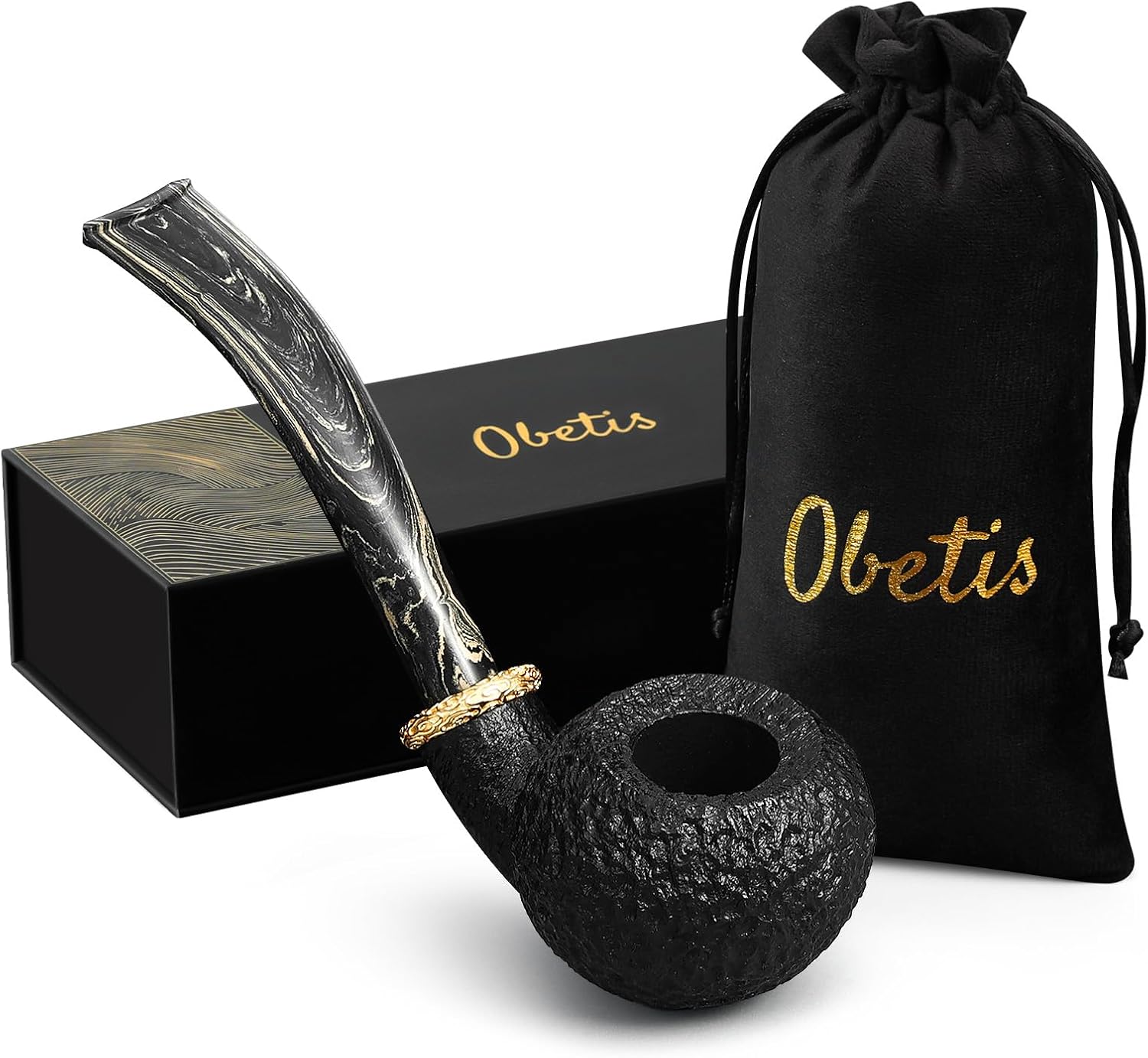 Rusticated Bent Briar Pipe - Textured Ball Bowl Tobacco Pipe with Cumberland Stem & Gift Set - Vintage Handcrafted Wood Pipe for Men, Collectors, and Gentle Smokers