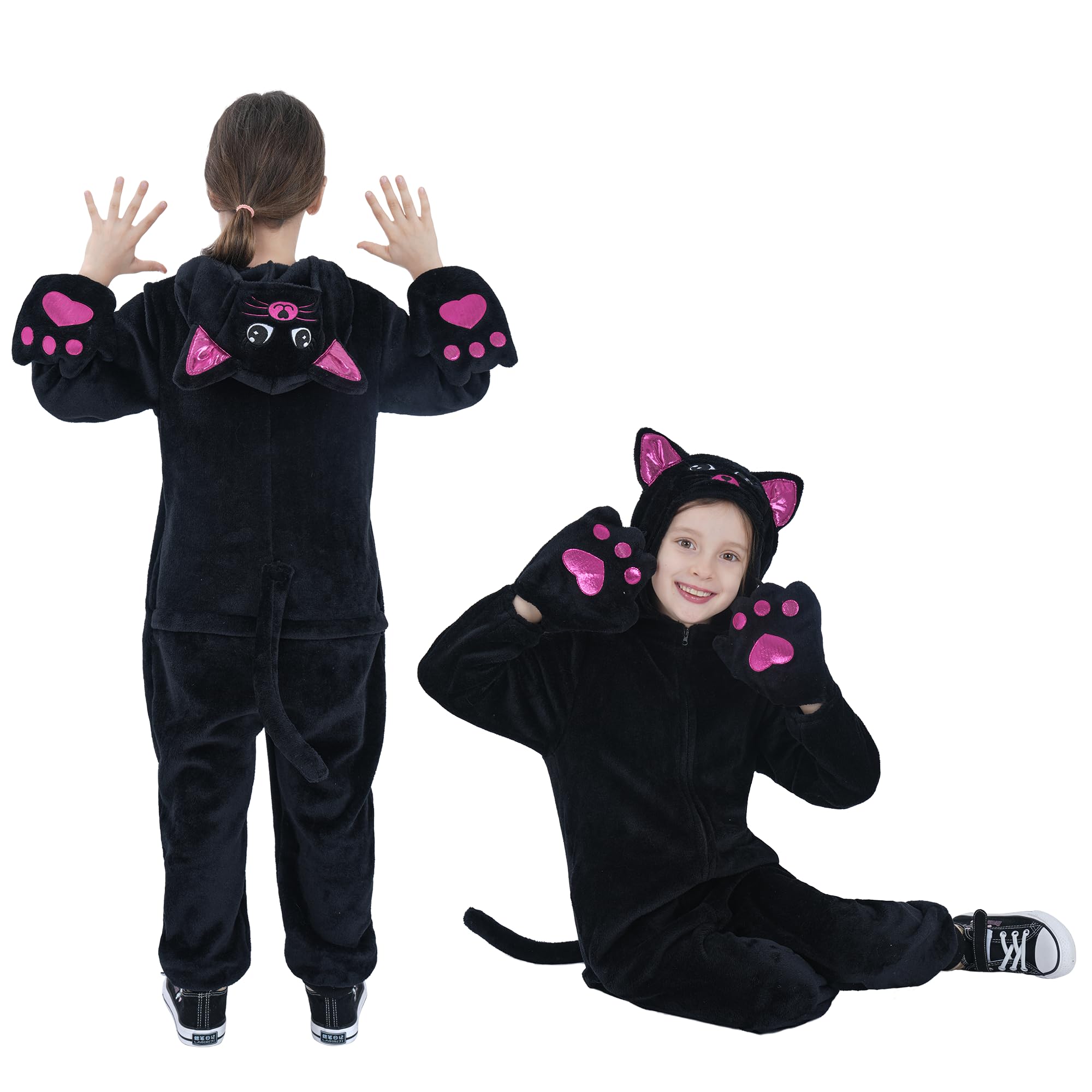 Wizland Kids Black Cat Onesie Costume,Boys and Girls Animal Outfits,One-Piece Hooded Flannel Black Cat Fancy Dress 3-4 years