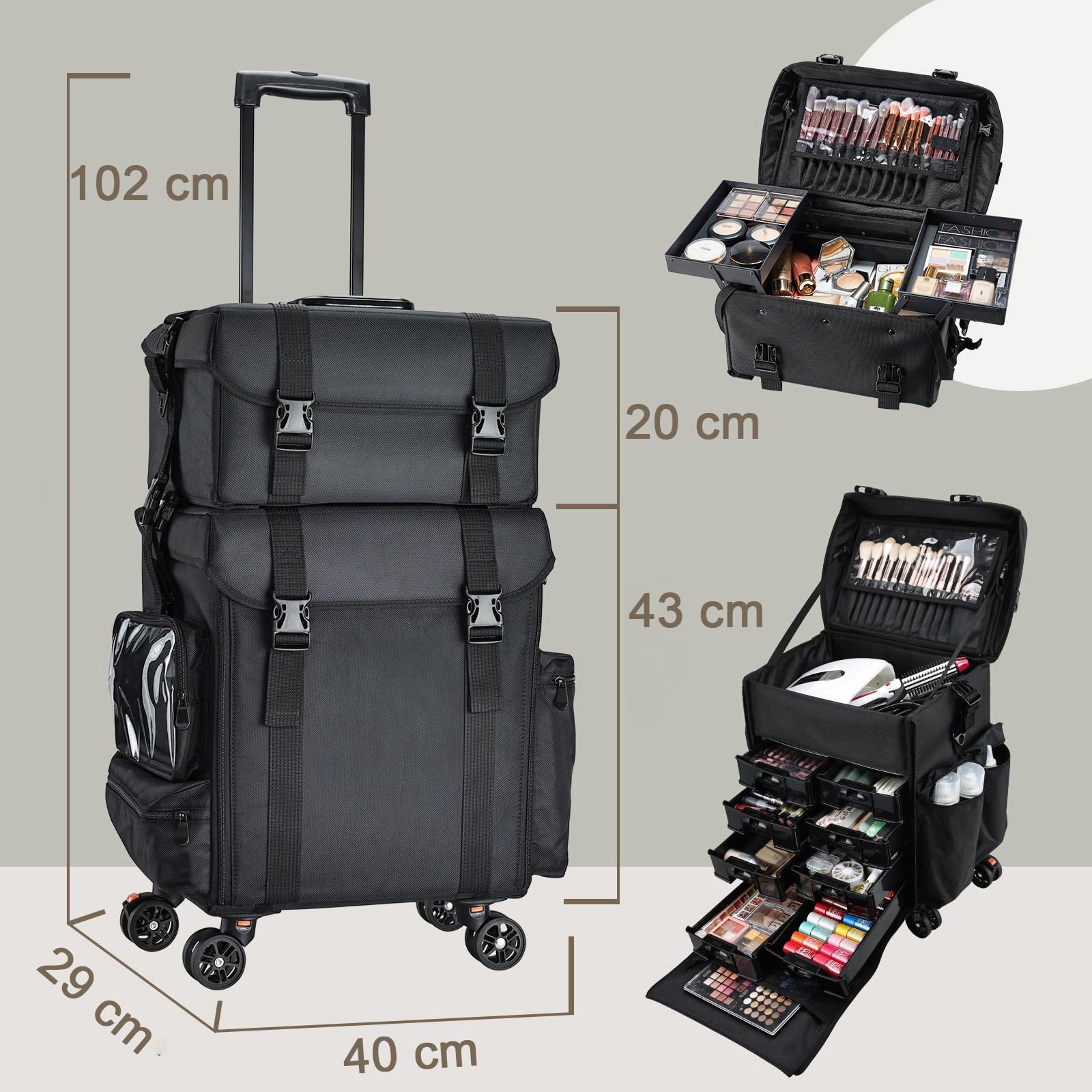 Kosmetik Trolley mit 8 Schubladen Kosmetikkoffer Make up Koffer Professioneller Friseurkoffer 2 in 1 Schminkkoffer mit Rollen Nagelkoffer Beauty Case Visagistenkoffer Nageldeaign Koffer,Schwarz