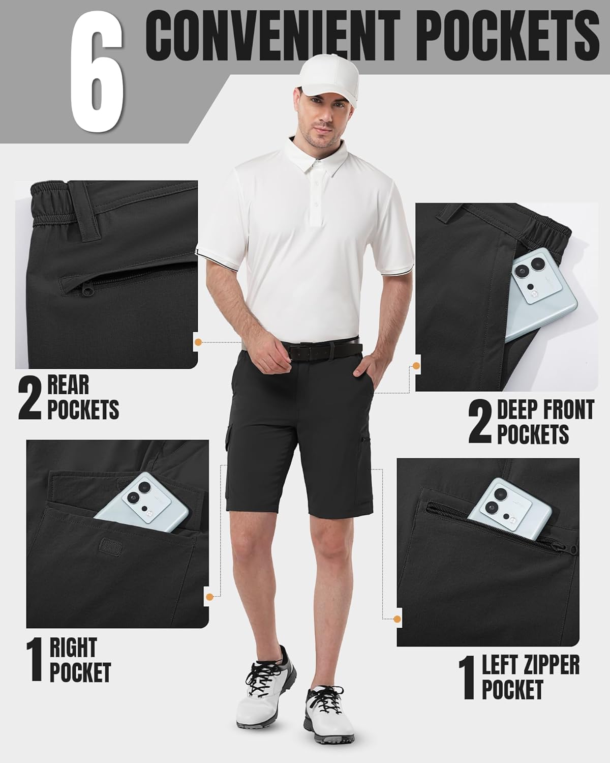 33,000ft Men's Golf Shorts 10" Inseam with Zipper Pocket Lightweight Quick Dry Stretch Hiking Cargo Shorts for Travel Fishing